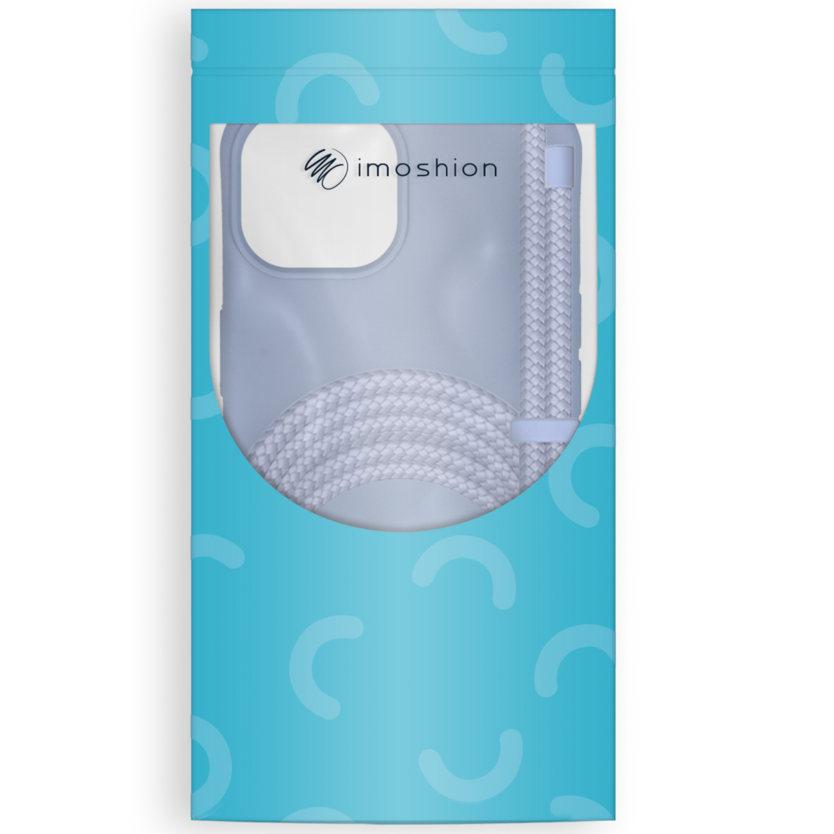 Emballage bleu à motif avec une fenêtre transparente montrant une coque de téléphone lilas avec lanière.