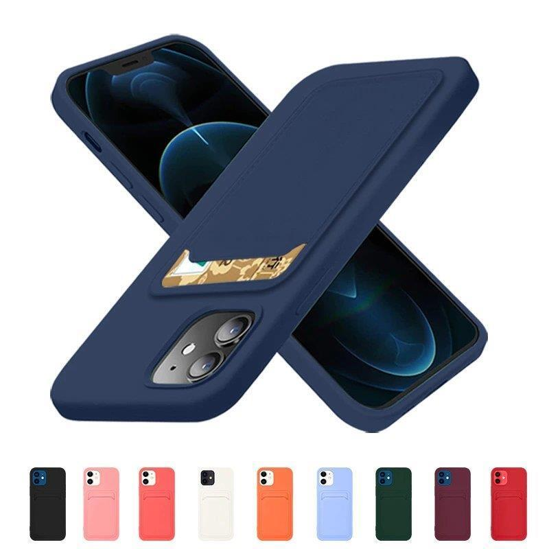 Due cover per smartphone blu scuro con porta carte sul retro e una tavolozza di colori in basso.