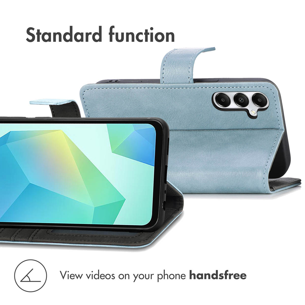 Blauwe leren portemonnee telefoonhoesje met standfunktie voor handenvrij videokijken.