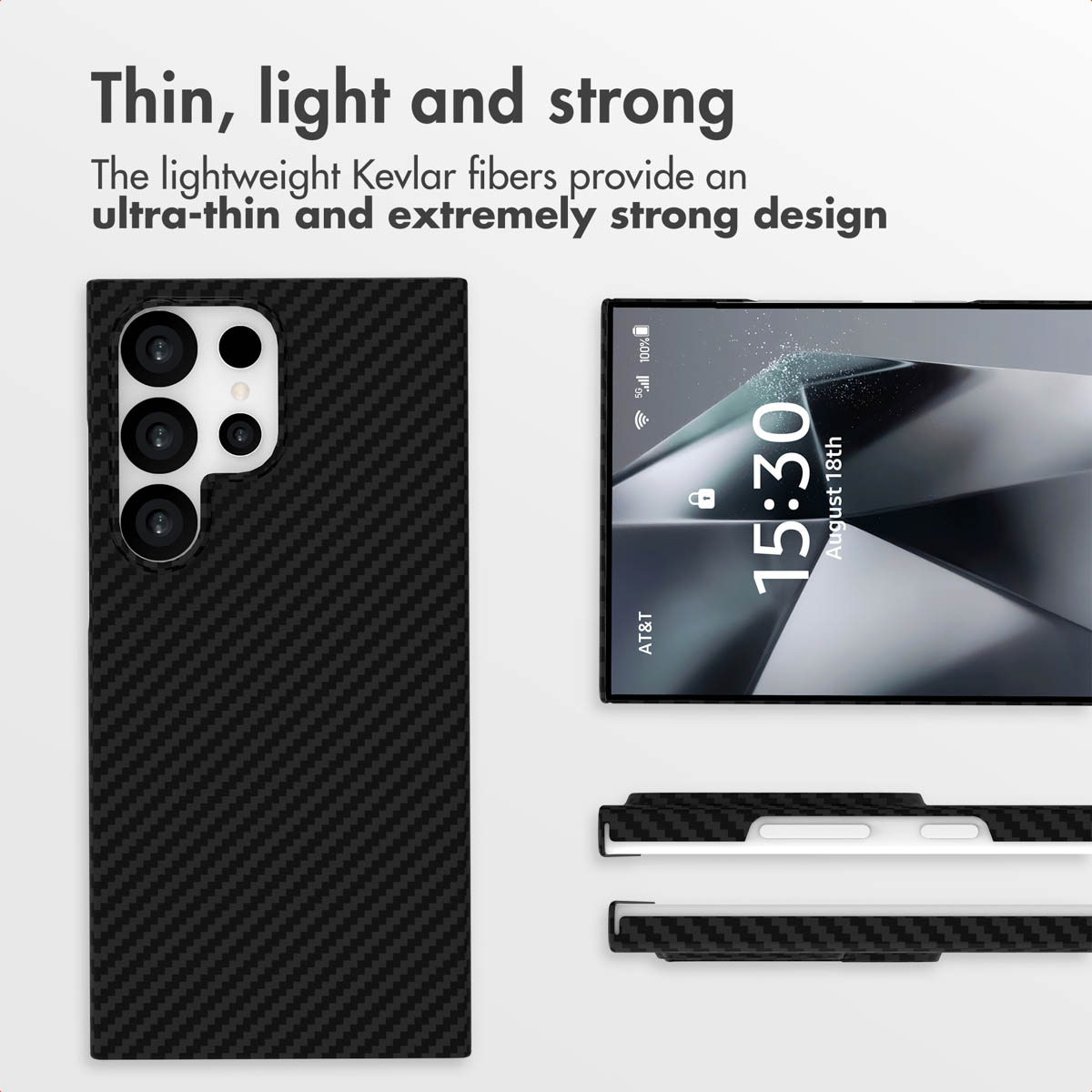Dünnes schwarzes Kevlar-Smartphone-Case aus mehreren Perspektiven mit der Aufschrift Thin, light and strong.