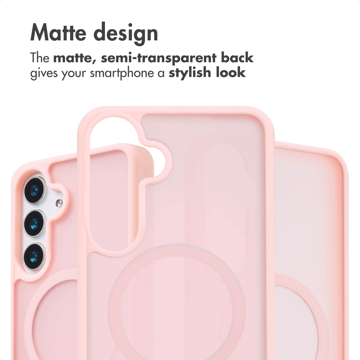Cover per smartphone rosa opache semitrasparenti con ritagli per fotocamera.