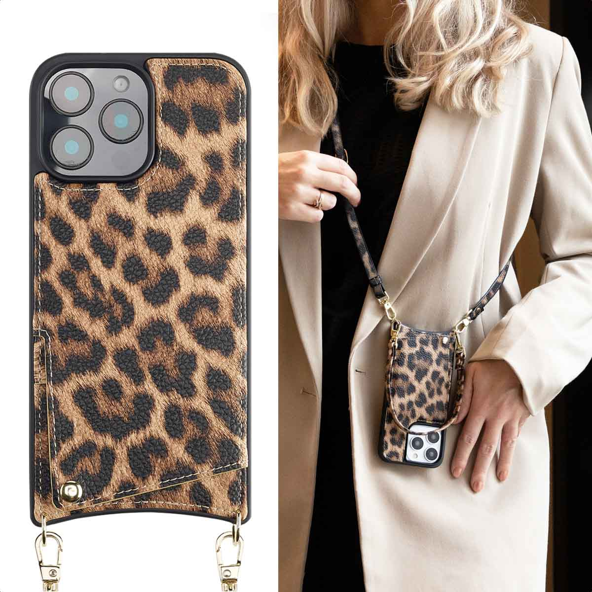 Una funda de iPhone con estampado de leopardo, bolsillo y correa, llevada cruzada.