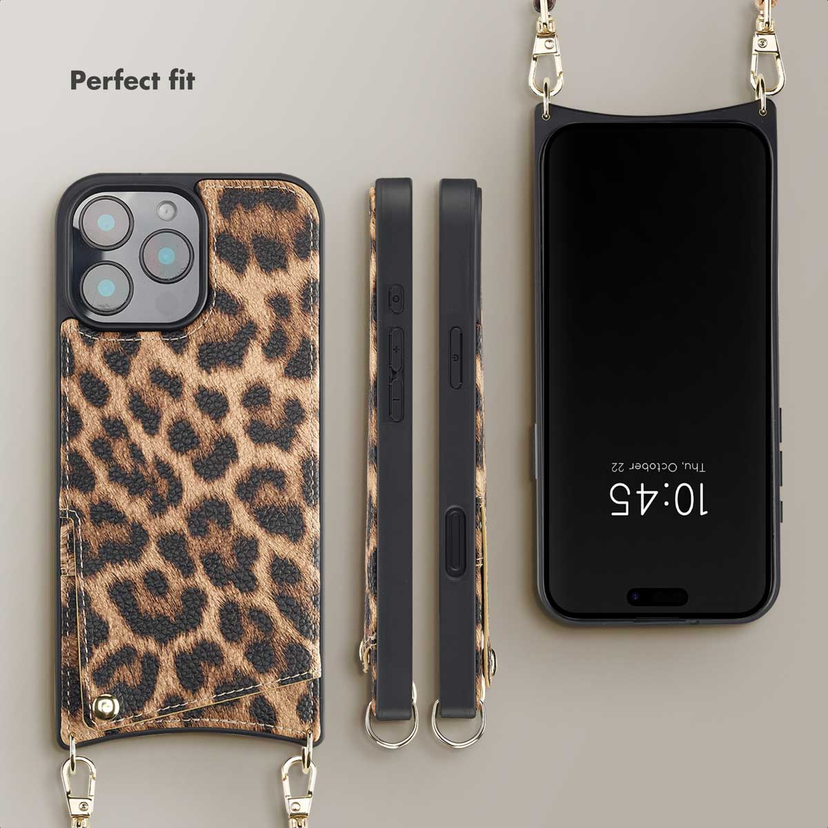 Funda de móvil con estampado de leopardo, tarjetero, vistas laterales y smartphone con correa.