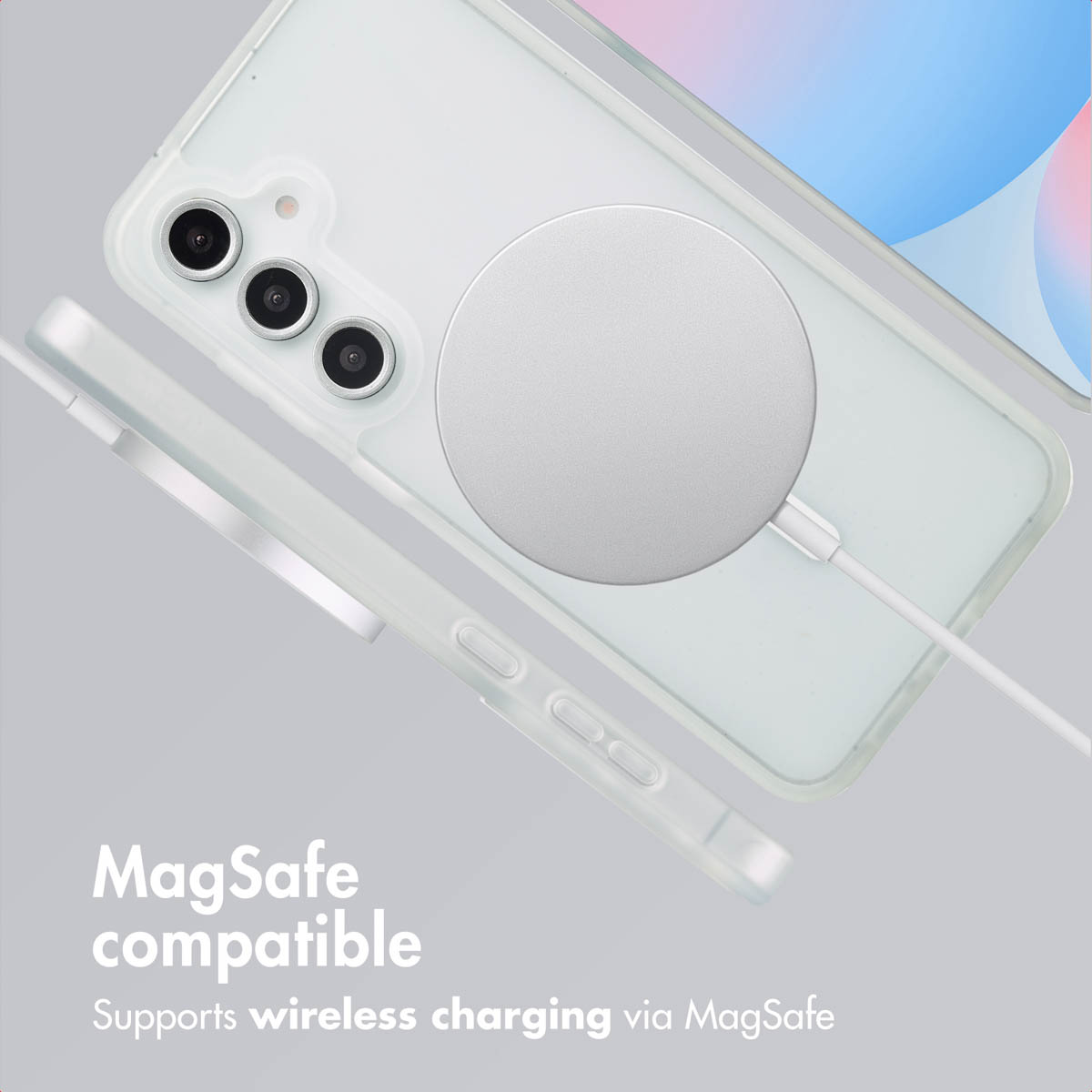 MagSafe-kompatible Handyhülle mit einem kreisförmigen magnetischen Ladegerät auf der Rückseite.