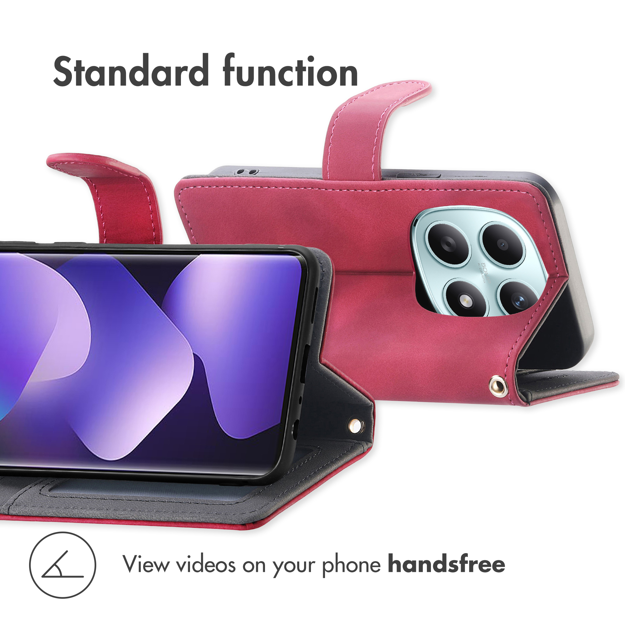 Custodia a portafoglio in pelle rosa con smartphone con schermo viola e fotocamere posteriori.