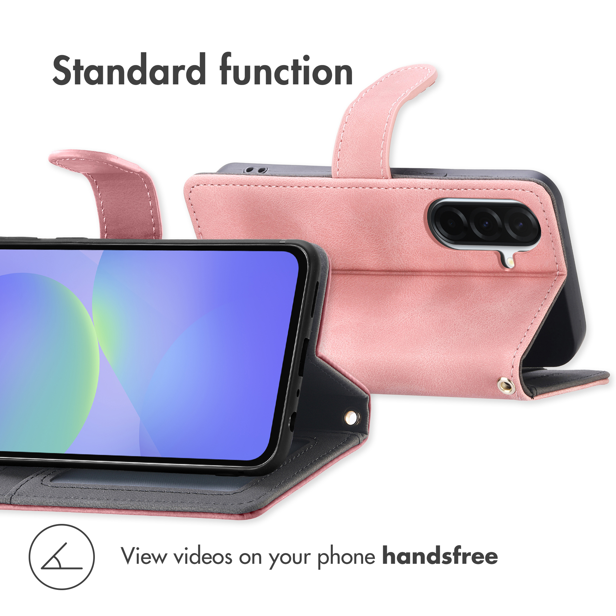 Custodia a libro rosa per smartphone che funge da supporto per visione mani libere.