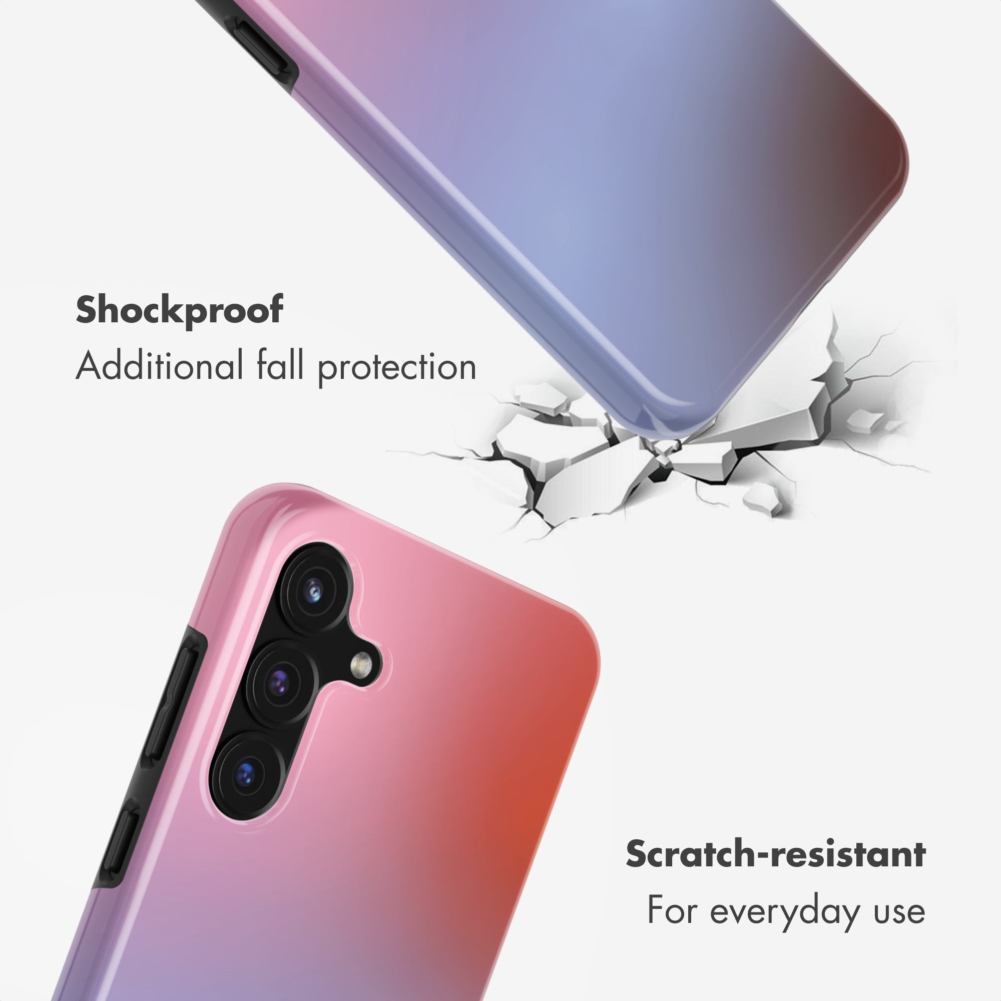 Due cover per telefono sfumate che mostrano caratteristiche antiurto e antigraffio.
