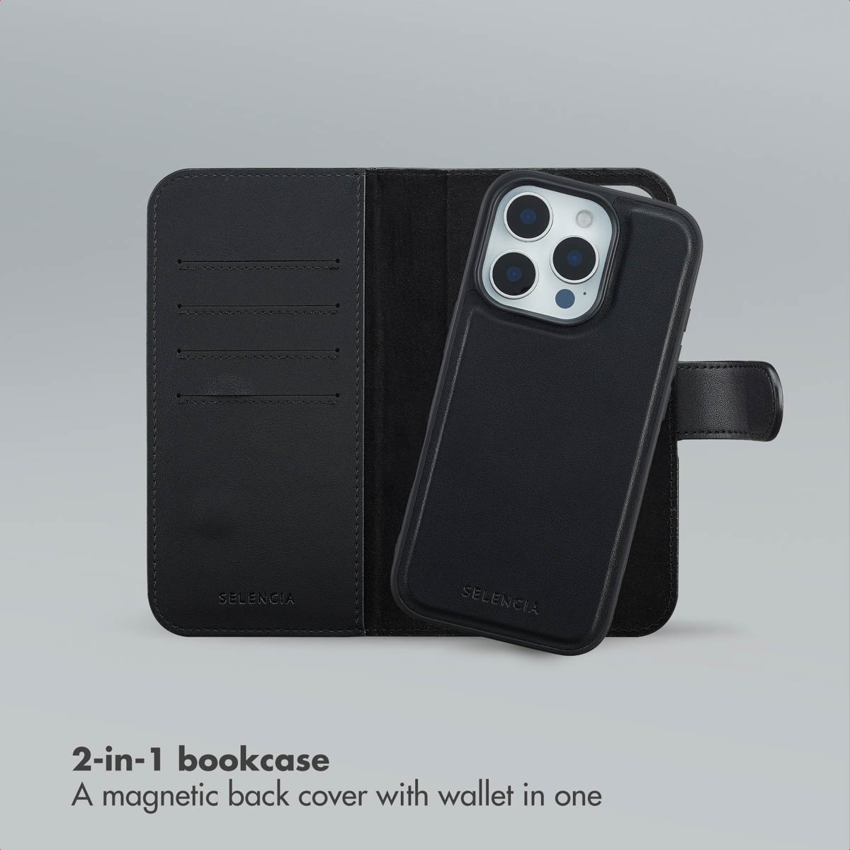 Una custodia a libro nera 2 in 1 con tasche per carte e cover posteriore magnetica.