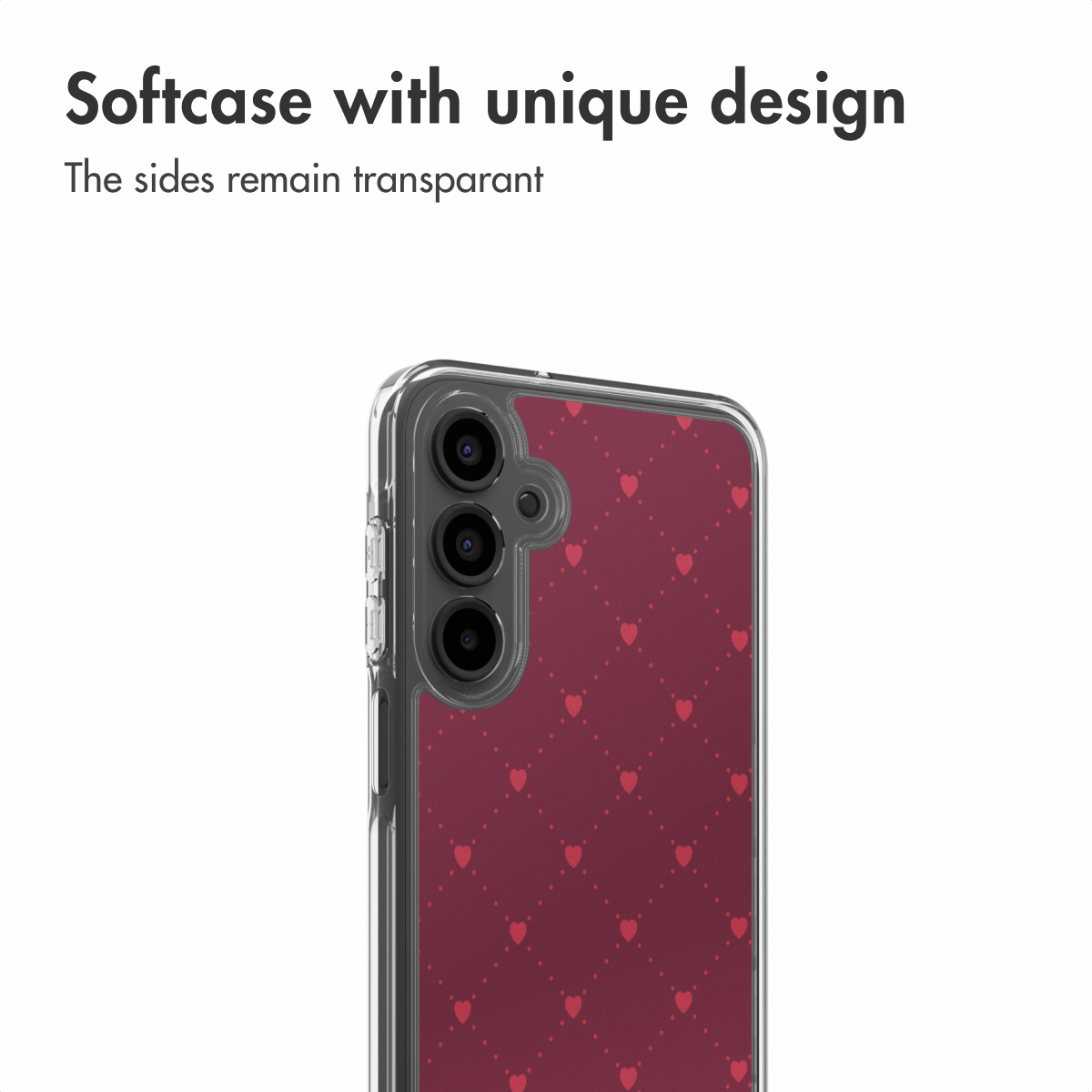 Custodia trasparente per smartphone con motivo a cuori rossi sul retro e fotocamere visibili.