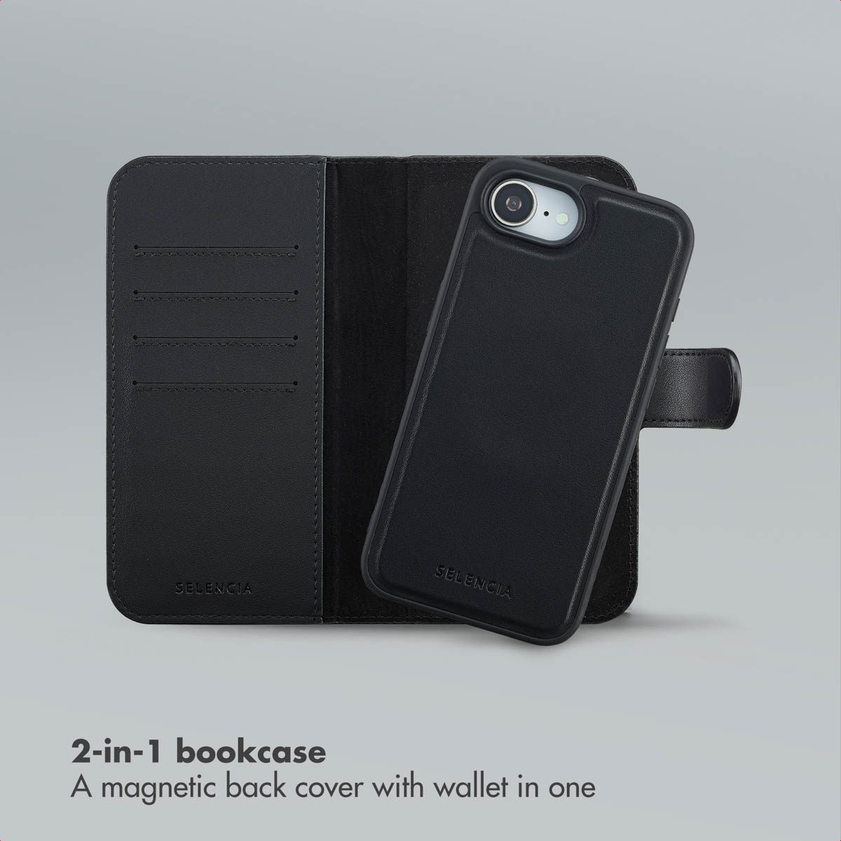 Custodia a libro Selencia 2 in 1 nera con portafoglio e cover magnetica.