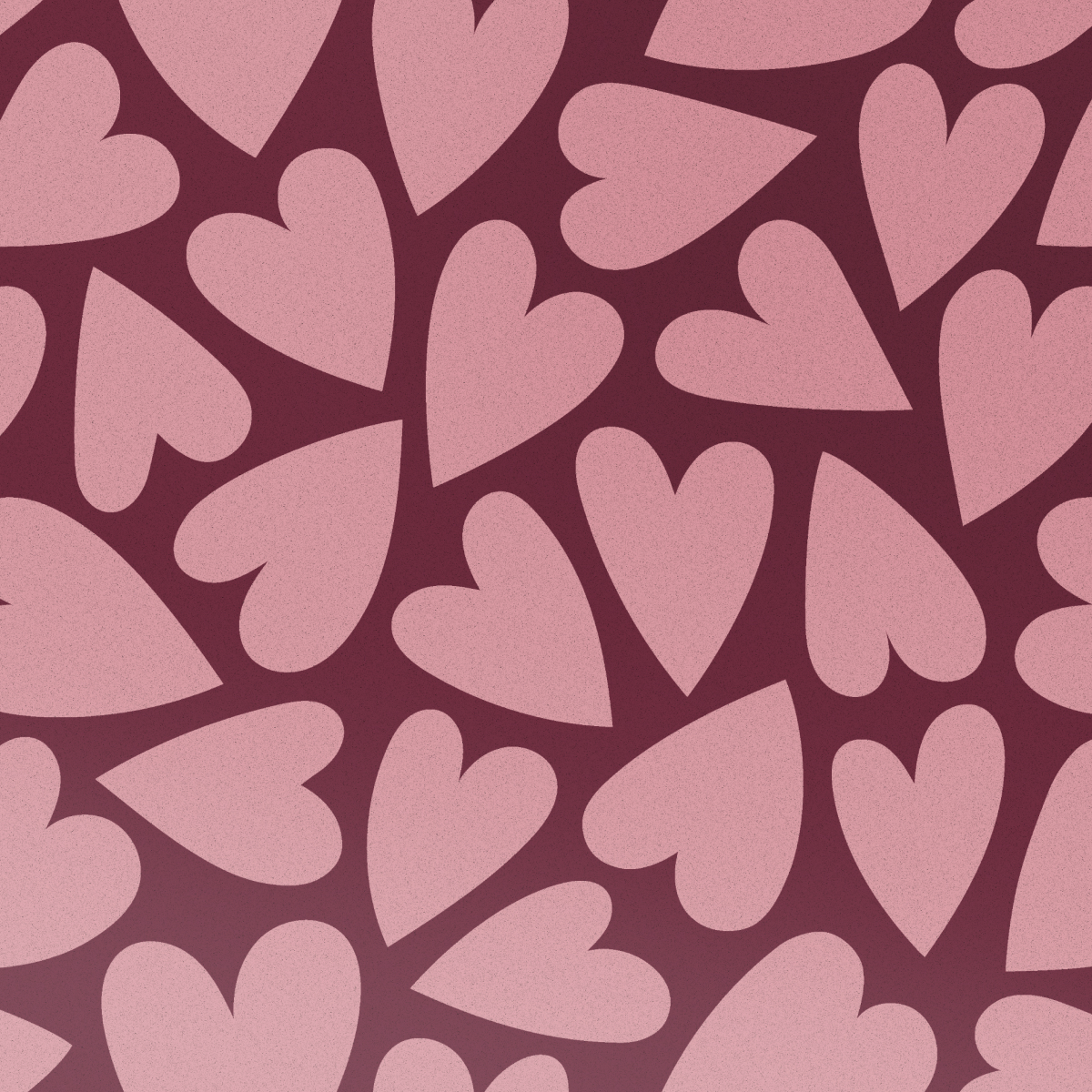Un patrón continuo de corazones rosados sobre un fondo rojo oscuro.