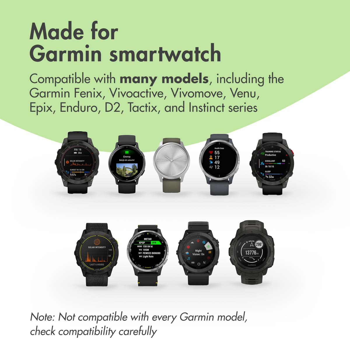 Various Garmin smartwatch models are displayed in a row on a white background with green text.