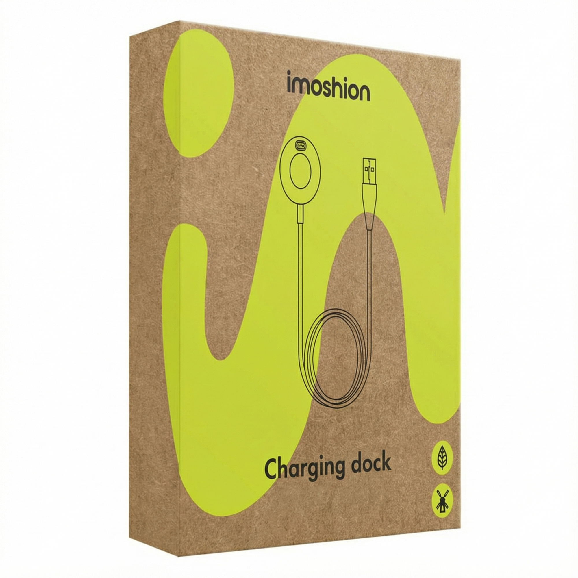 A brown cardboard box with yellow wave patterns displays the text Charging dock and a drawing of the charging cable.