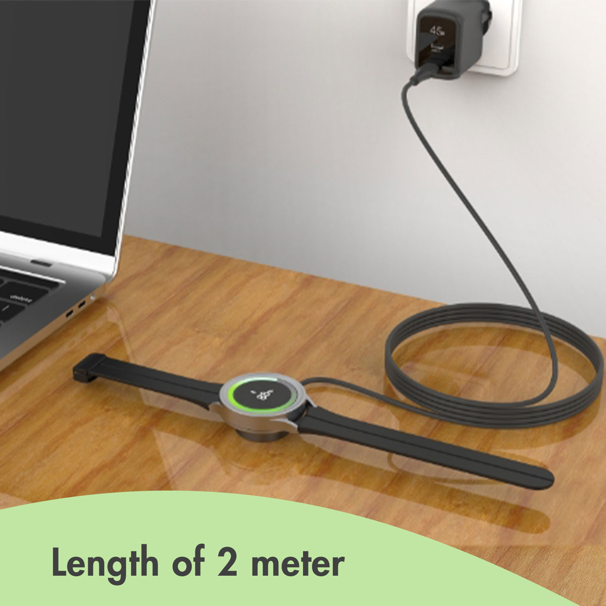 Une montre connectée repose sur un bureau en bois, se rechargeant via un long câble branché au mur.
