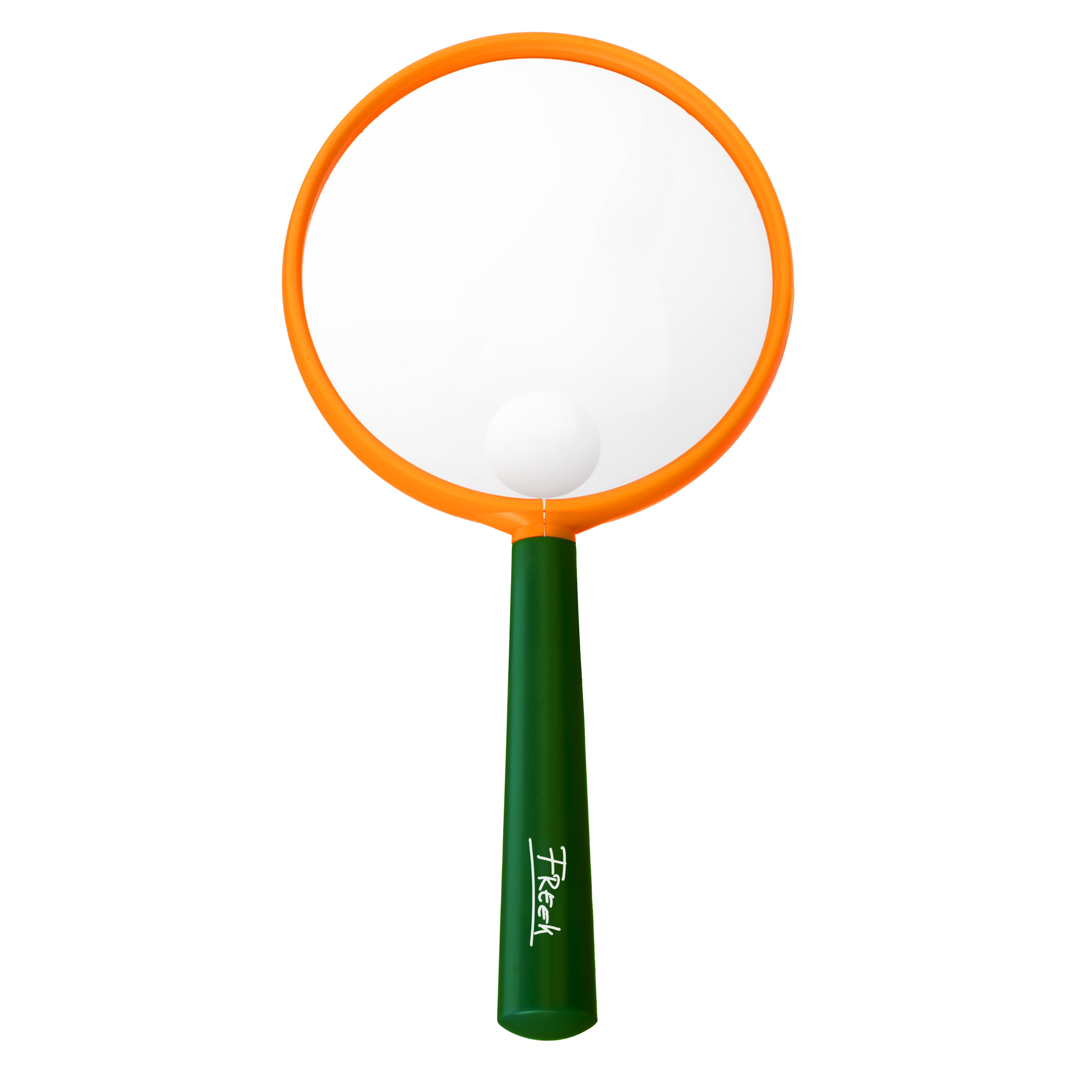 Una raqueta de tenis naranja con mango verde y una pequeña pelota blanca en la red.
