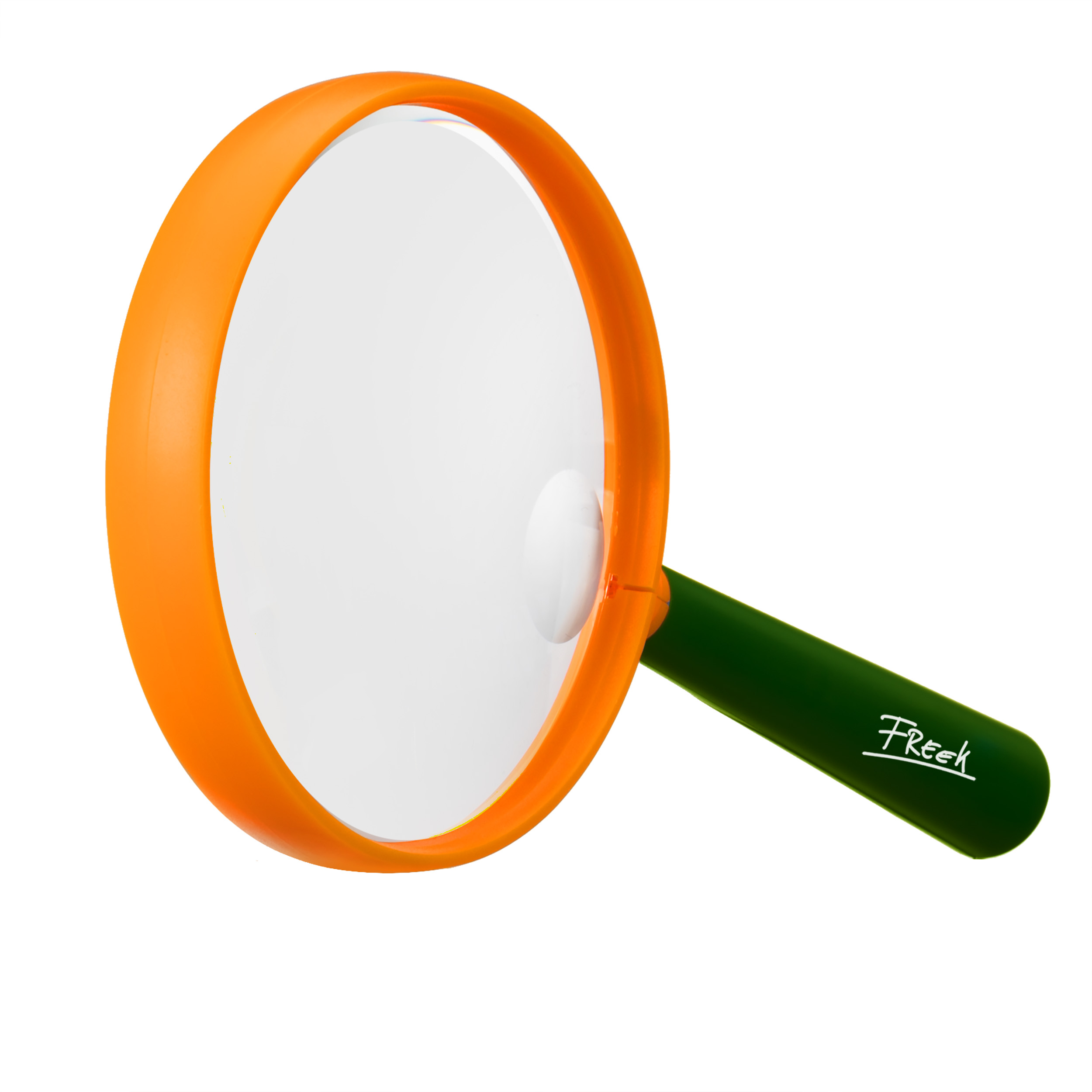 Una lupa naranja con mango verde y la inscripción "Freek" sobre un fondo blanco.