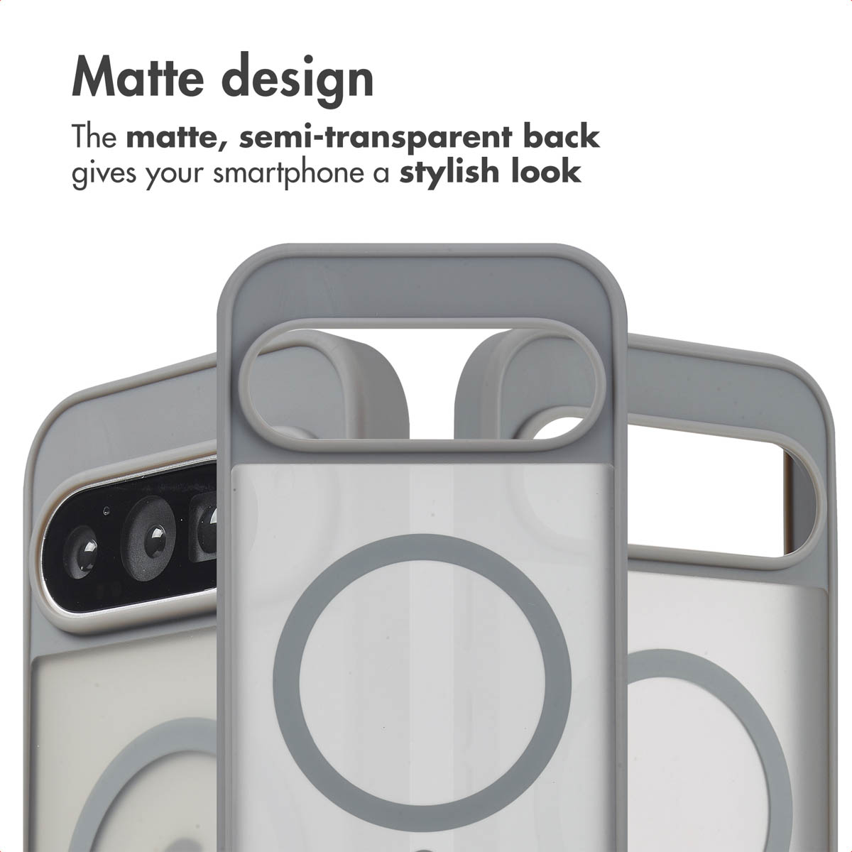 Tre cover grigie e opache con design ad anello e testo.