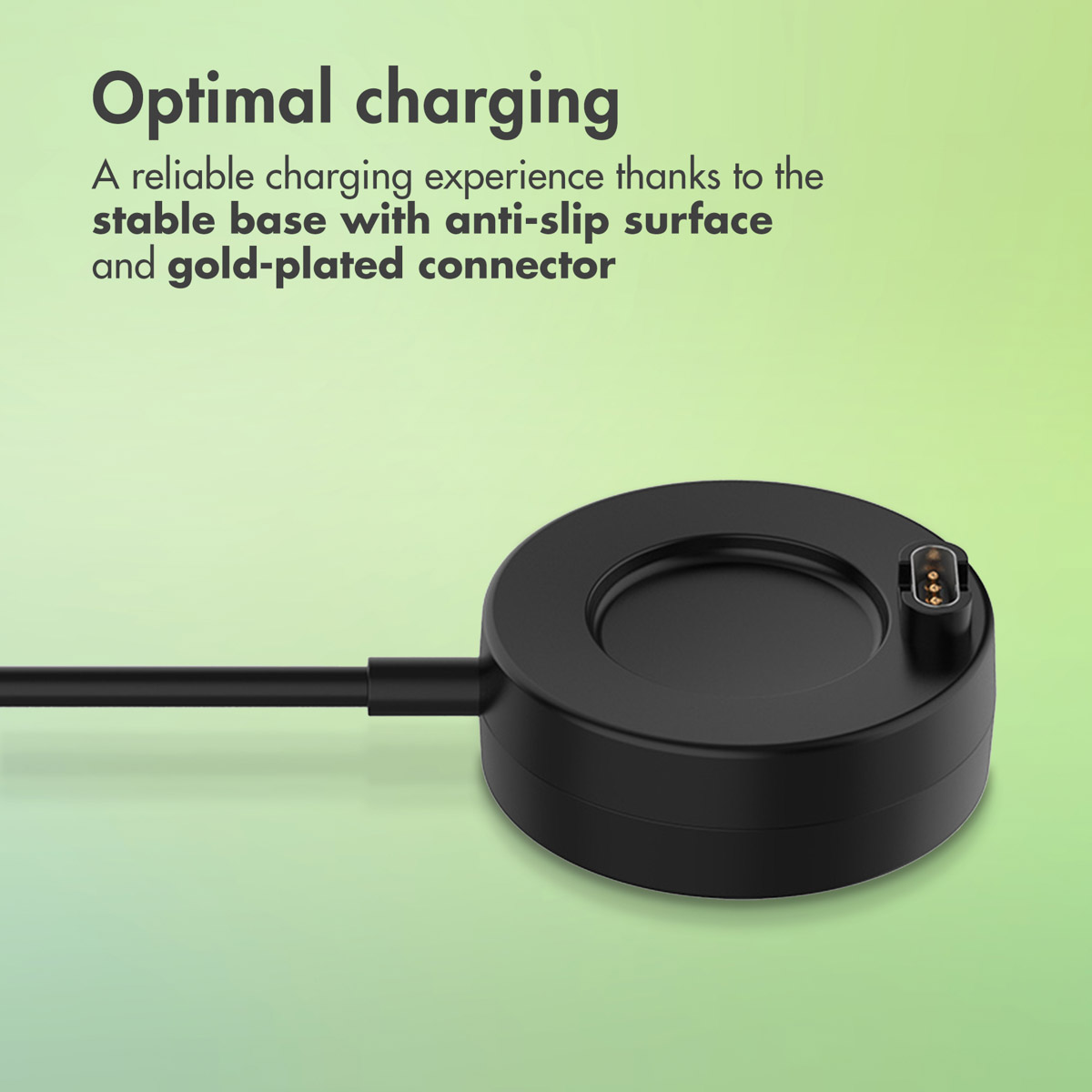 A black circular charging dock with an attached cable on a light green background, featuring promotional text above it.