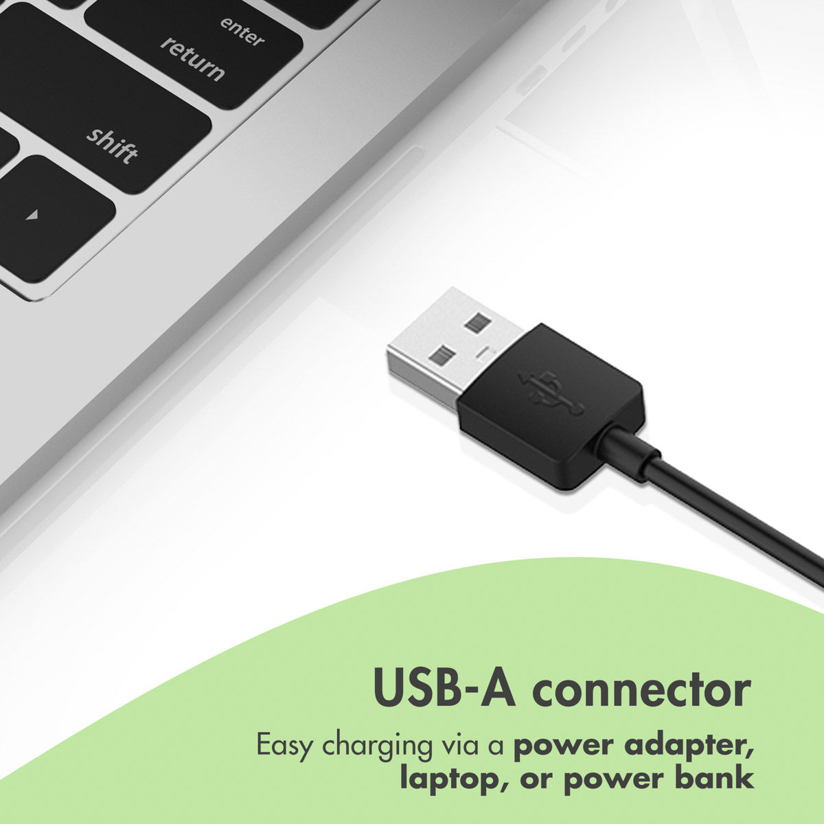 A USB-A connector beside a laptop keyboard on a white background with green text.