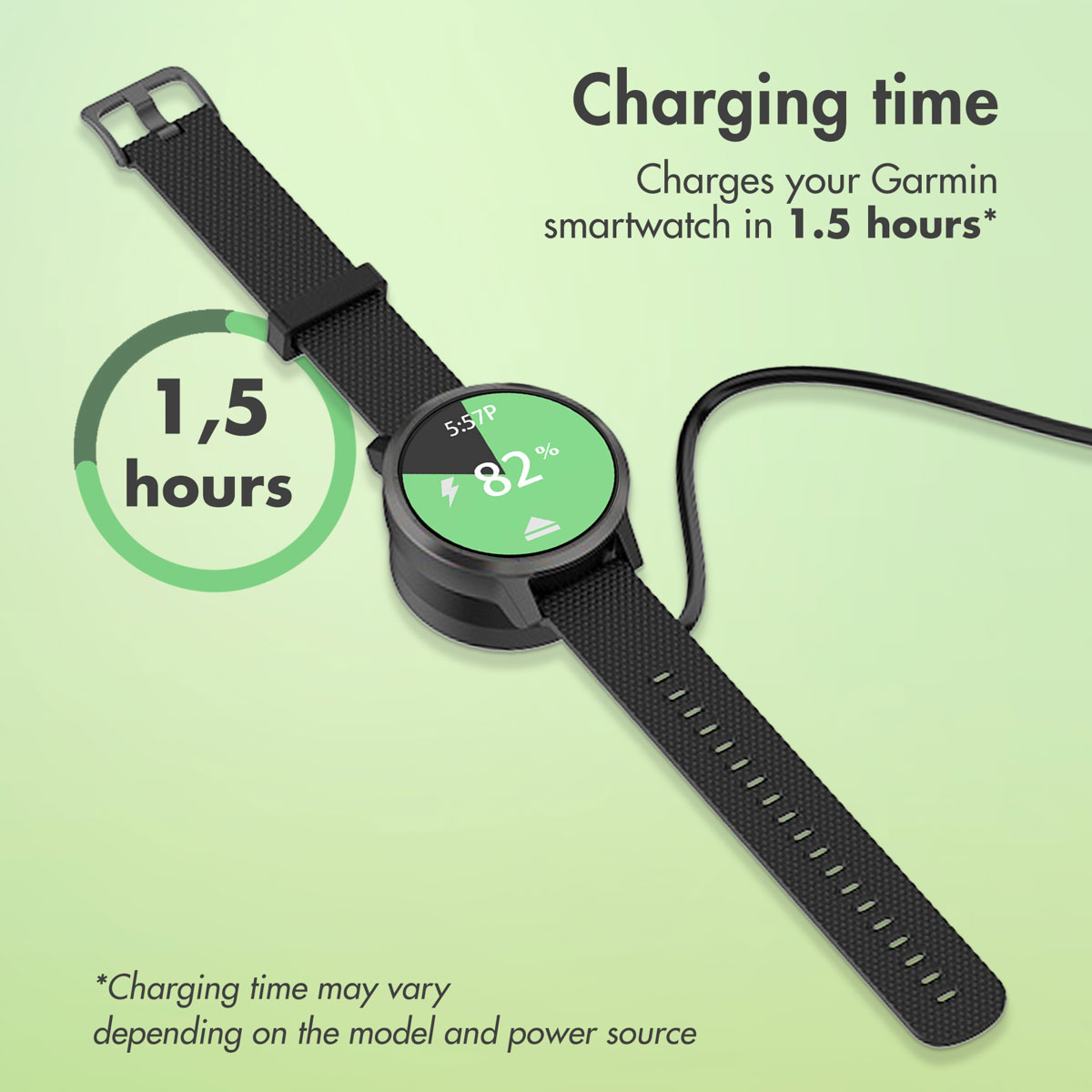 Garmin smartwatch charging on a green background with text stating it charges in 1.5 hours.
