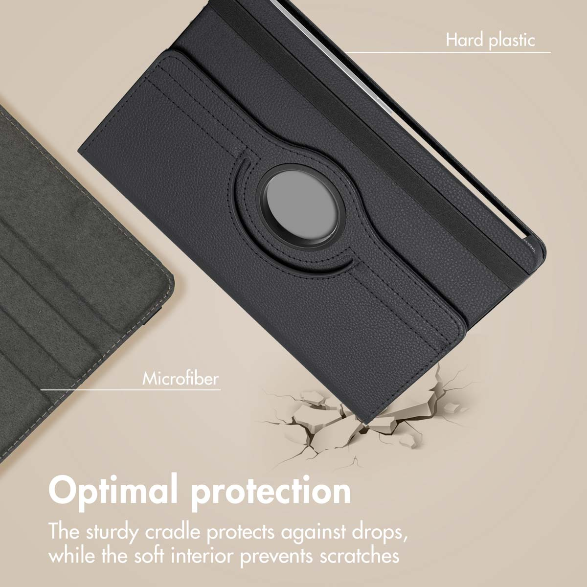 Black tablet case with hard plastic and soft microfiber interior for optimal protection.