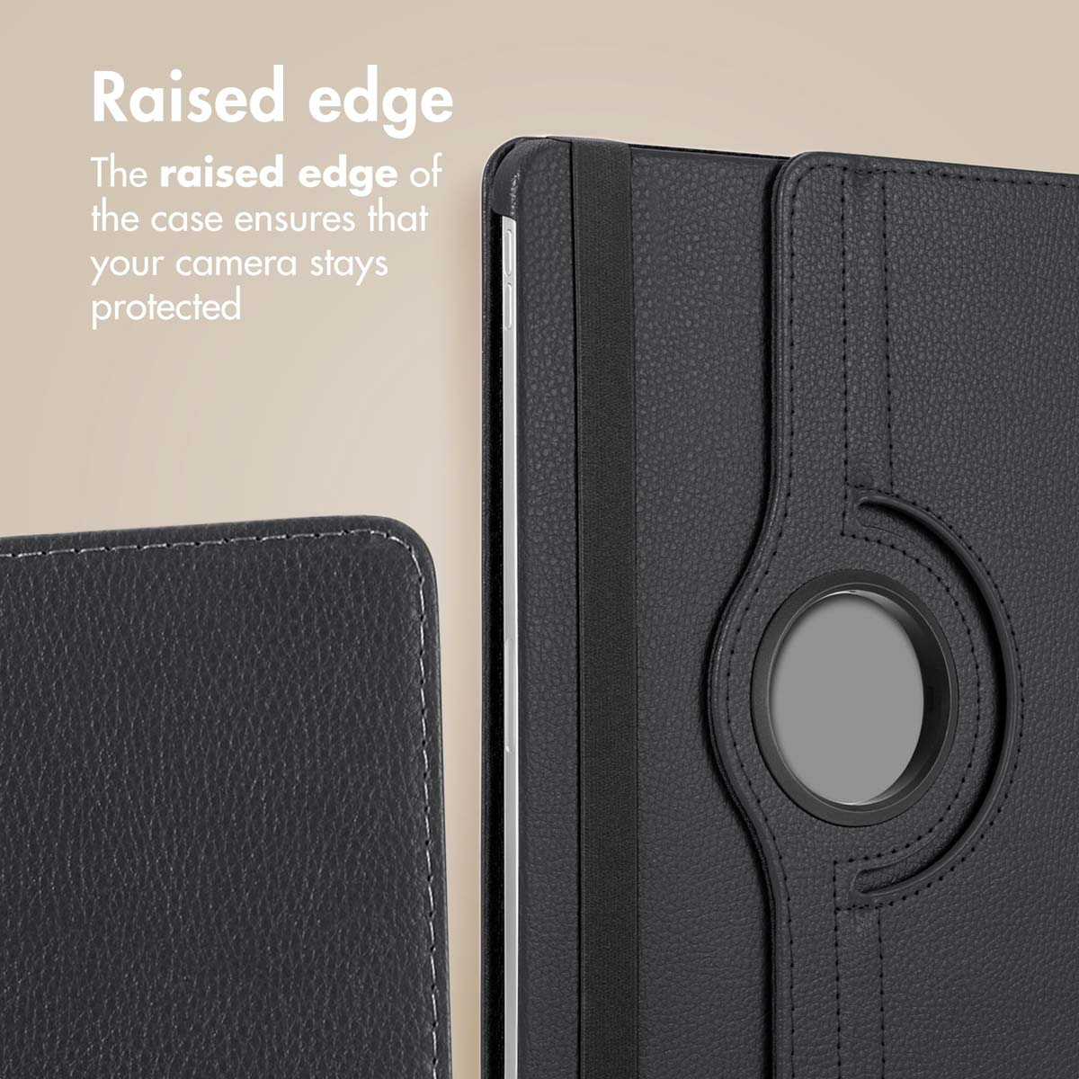 Close-up of a black textured tablet case with a raised circular edge for camera protection and text on the left.