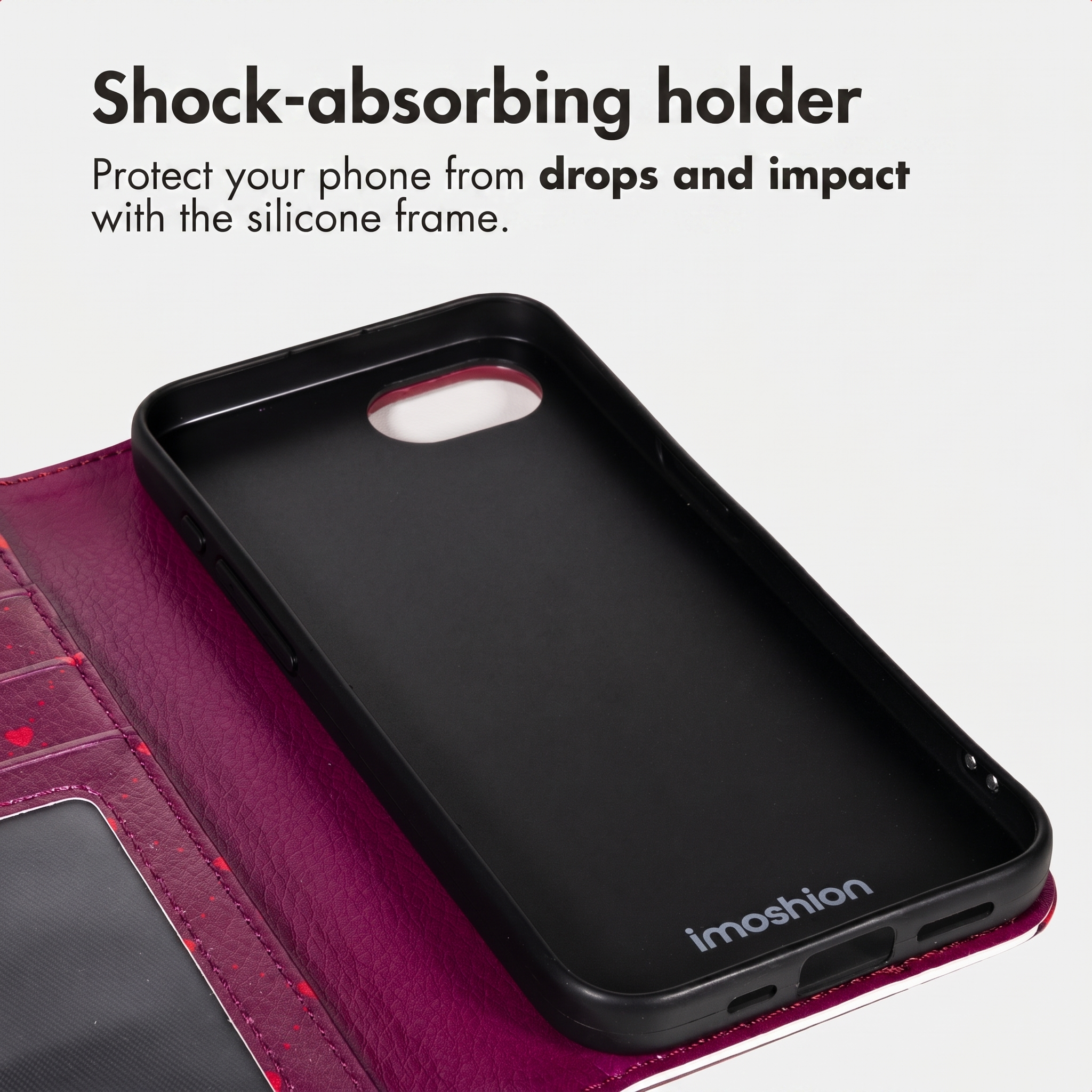 Custodia per telefono viola con cornice in silicone nero e testo.