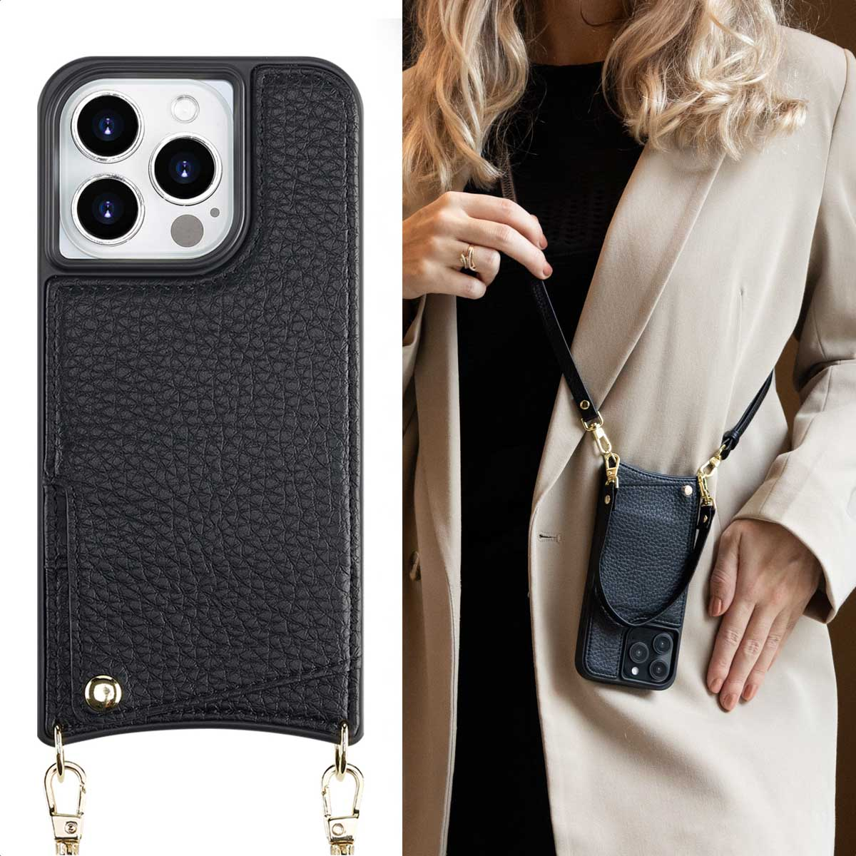 Una funda de cuero negro para iPhone con correa y tarjetero, llevada por una mujer con blazer beige.