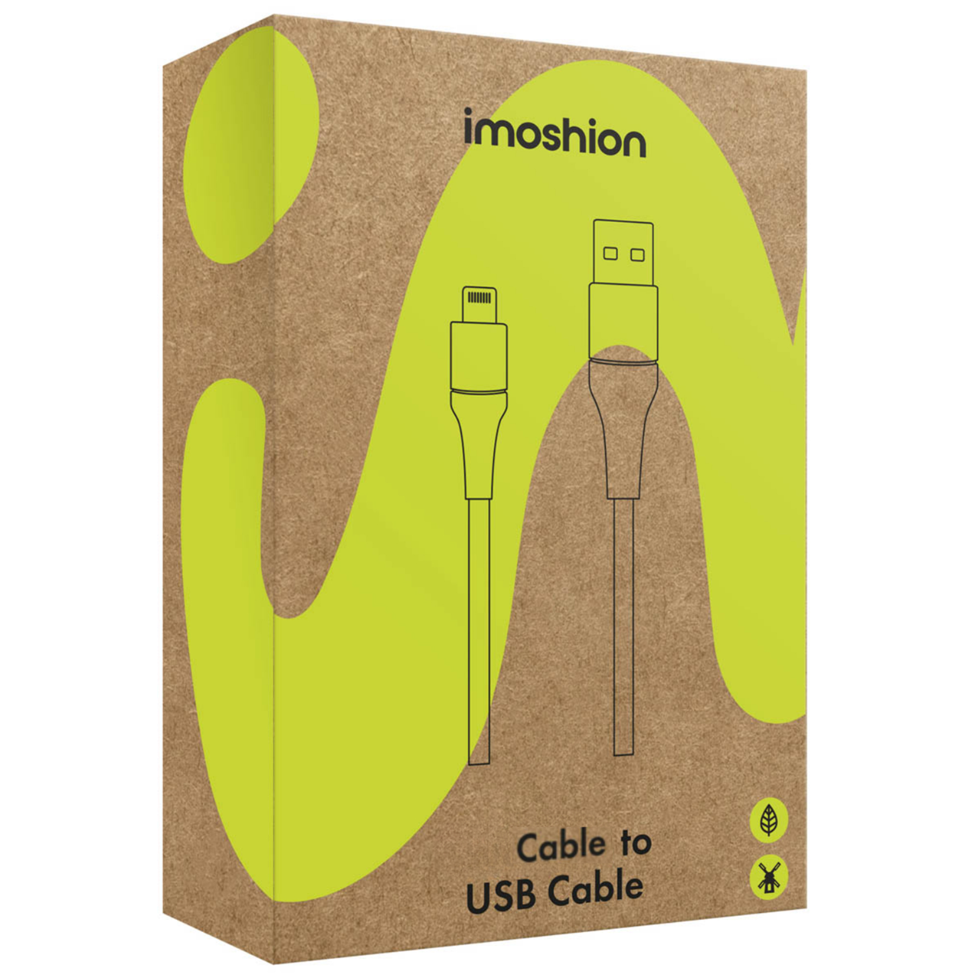 Emballage en carton Imoshion pour un câble vers câble USB, avec un graphique ondulé vert et des dessins de connecteurs.