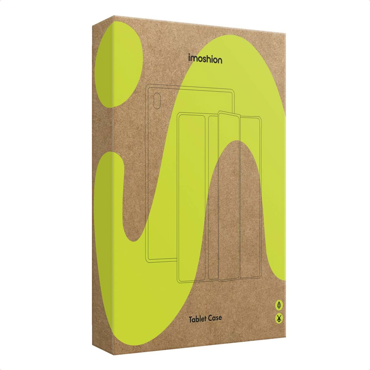 Boîte en carton brun pour étui de tablette avec motifs graphiques jaunes, texte imoshion et croquis de tablette.