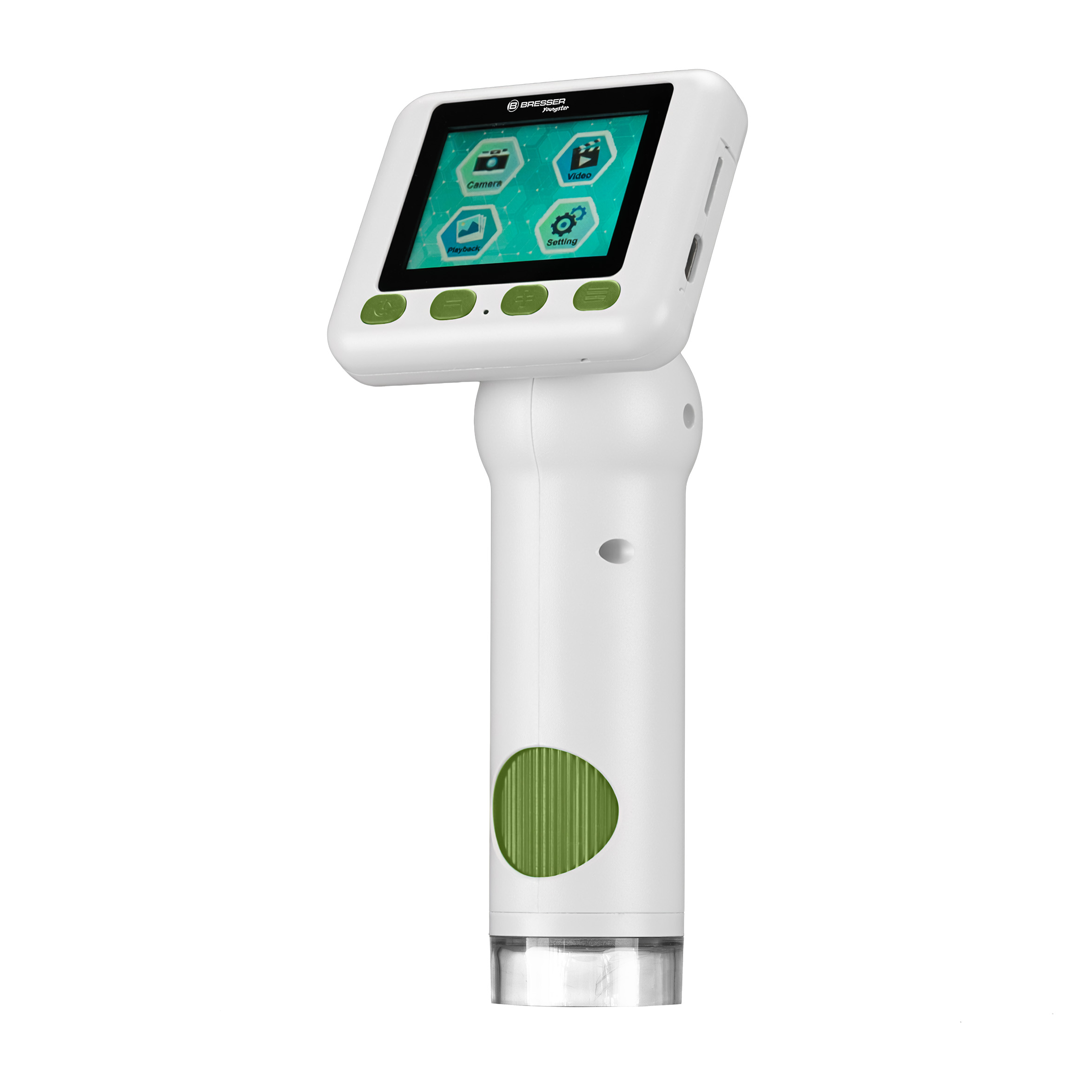 Microscopio digital de mano blanco con pantalla, botones verdes y lente de aumento abajo.