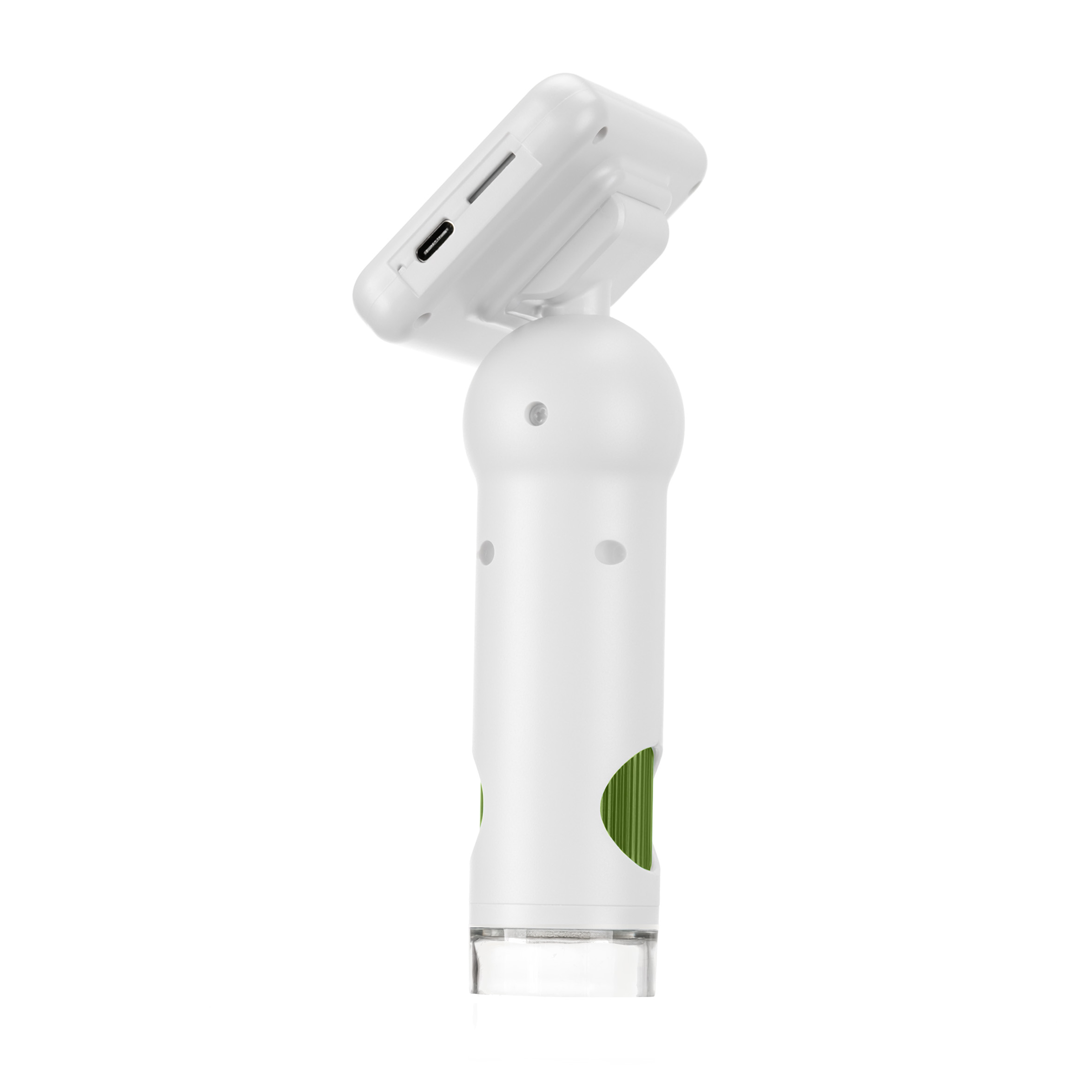 Un microscopio digital portátil blanco con pantalla, anillo de enfoque verde y base transparente sobre fondo blanco.