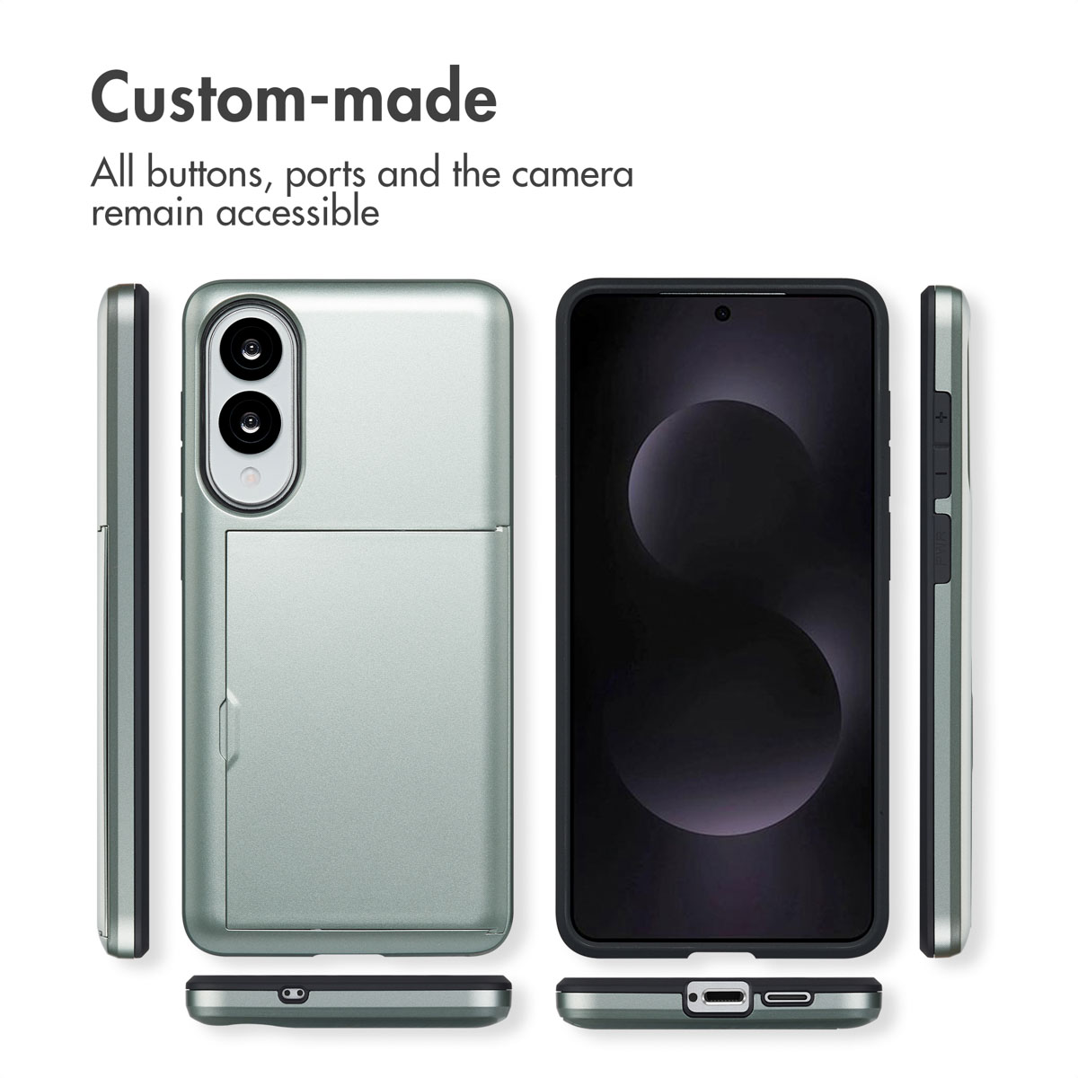 Funda verde para smartphone con tarjetero, mostrando vistas frontal, trasera y laterales con botones y puertos accesibles.