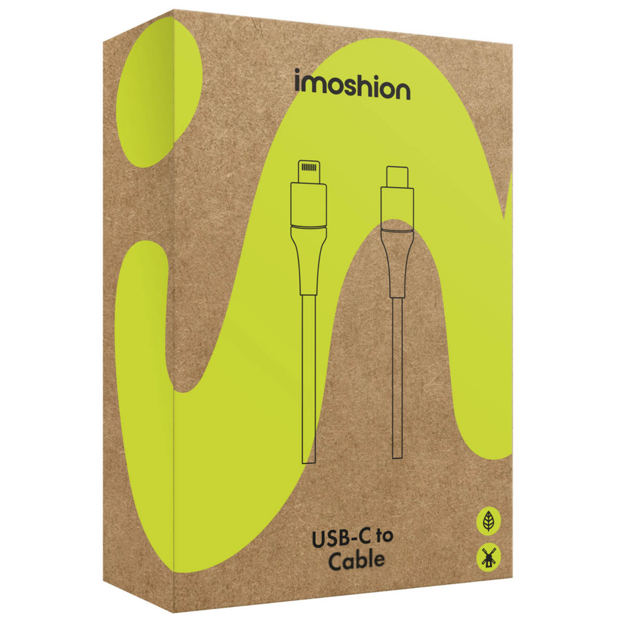Boîte de câble USB-C Imoshion en carton brun avec un design ondulé vert lime et du texte imprimé en noir.
