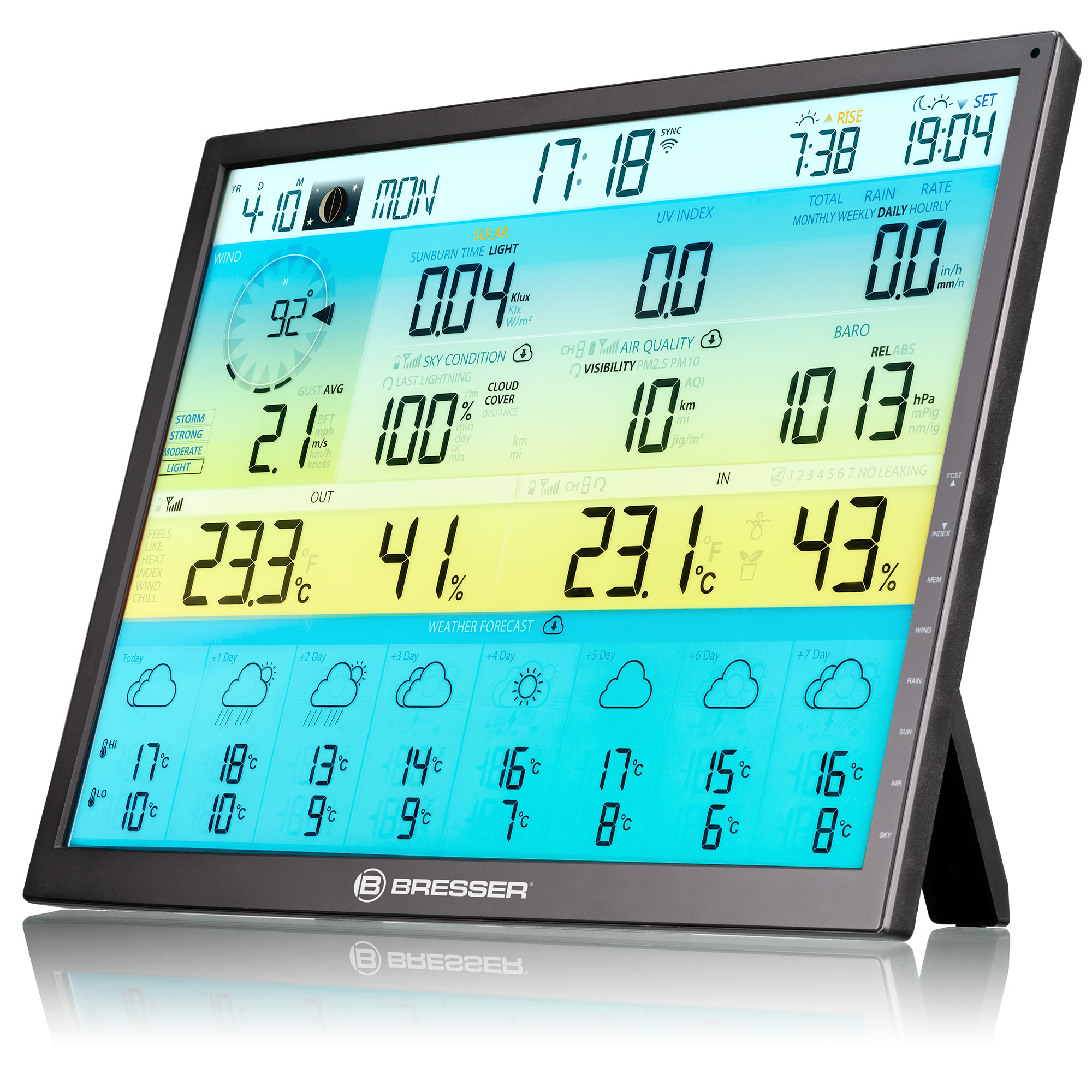 Una estación meteorológica digital Bresser muestra hora, temperatura interior y exterior, humedad, viento y pronóstico.