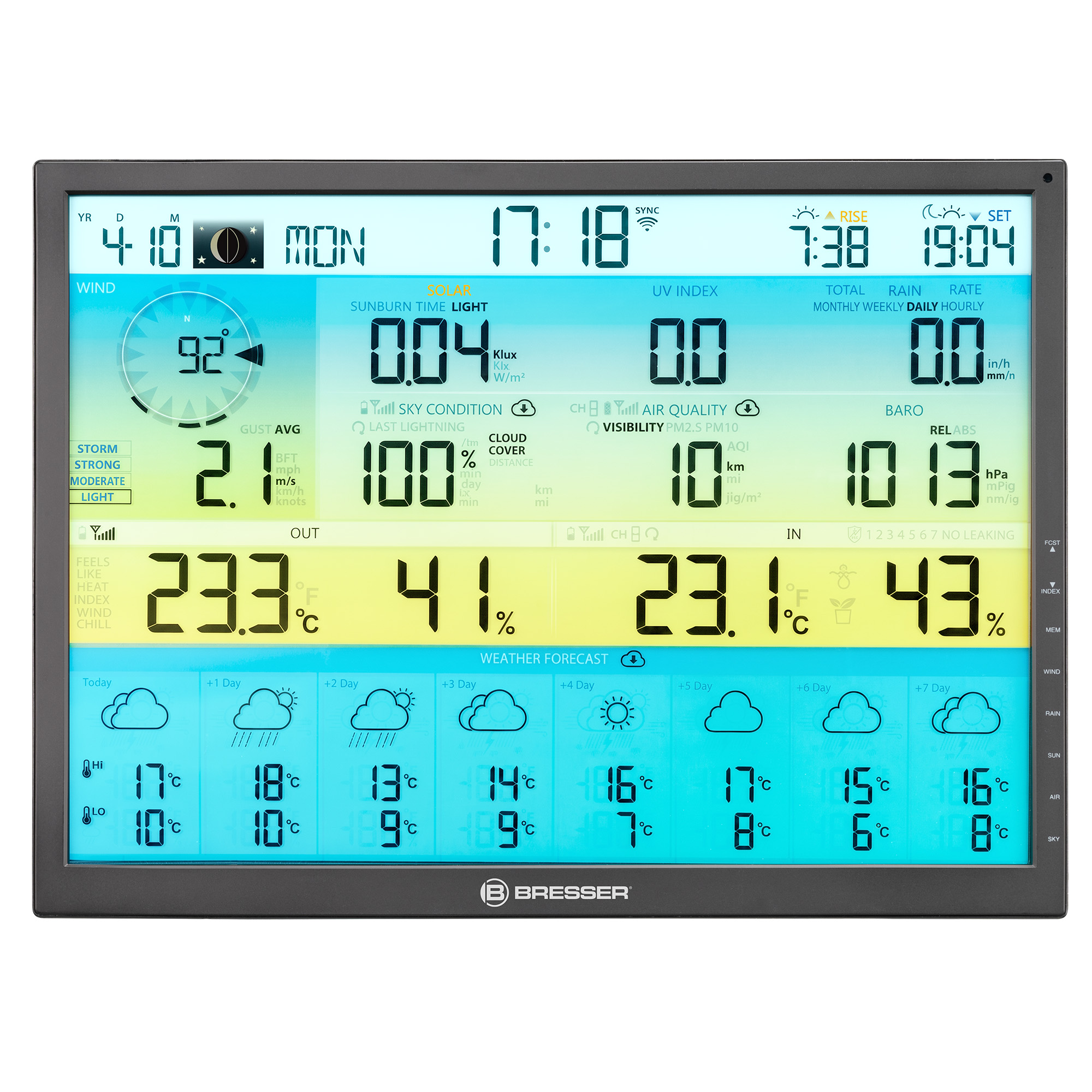 Estación meteorológica digital Bresser con pantalla LCD a color que muestra hora, temperaturas, viento y pronósticos.