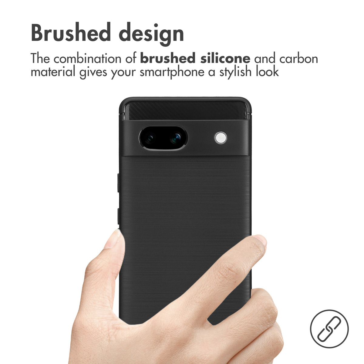 Hand holding a black smartphone with a brushed silicone and carbon back against a white background.