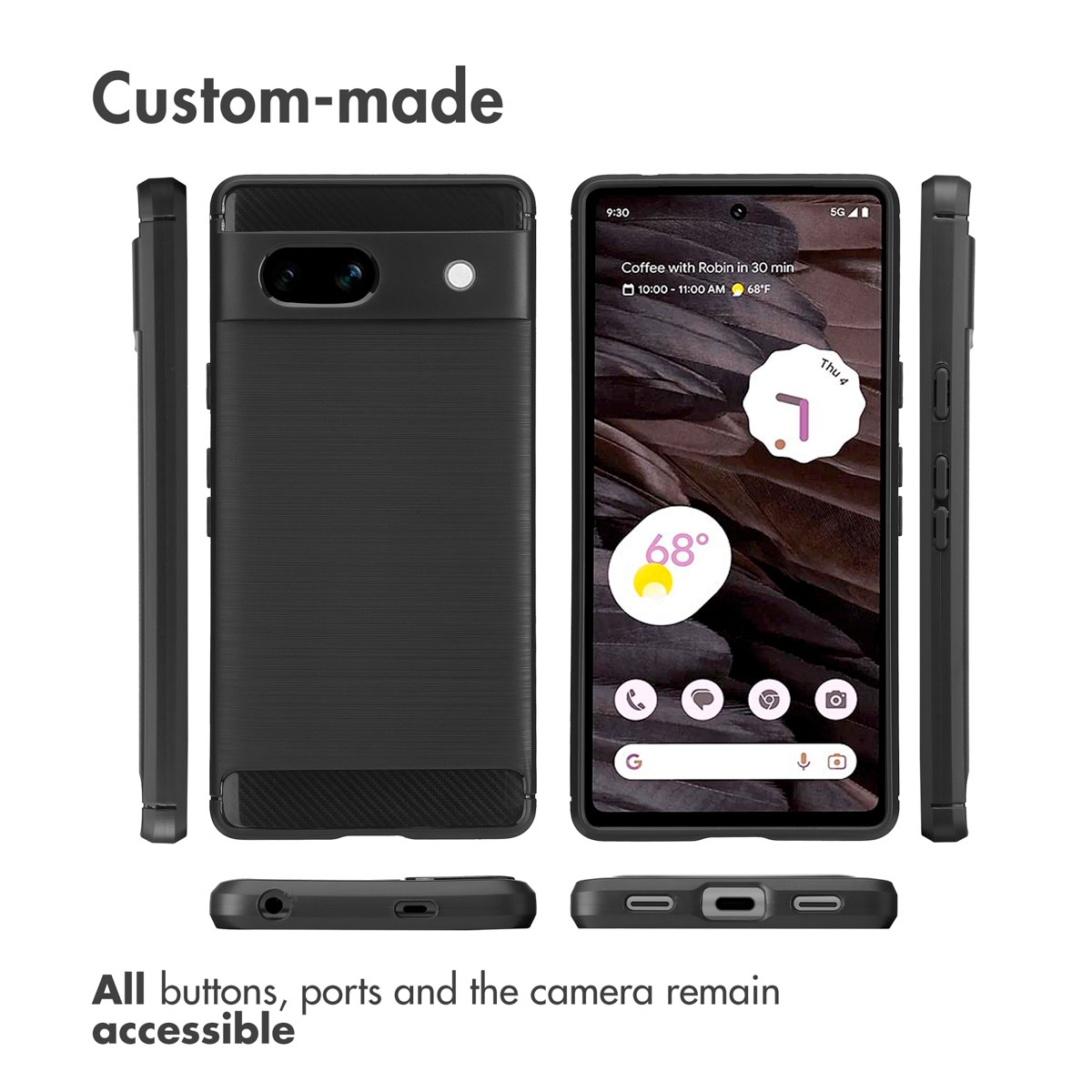 Black custom-made phone case shown from multiple angles with accessible buttons and ports.