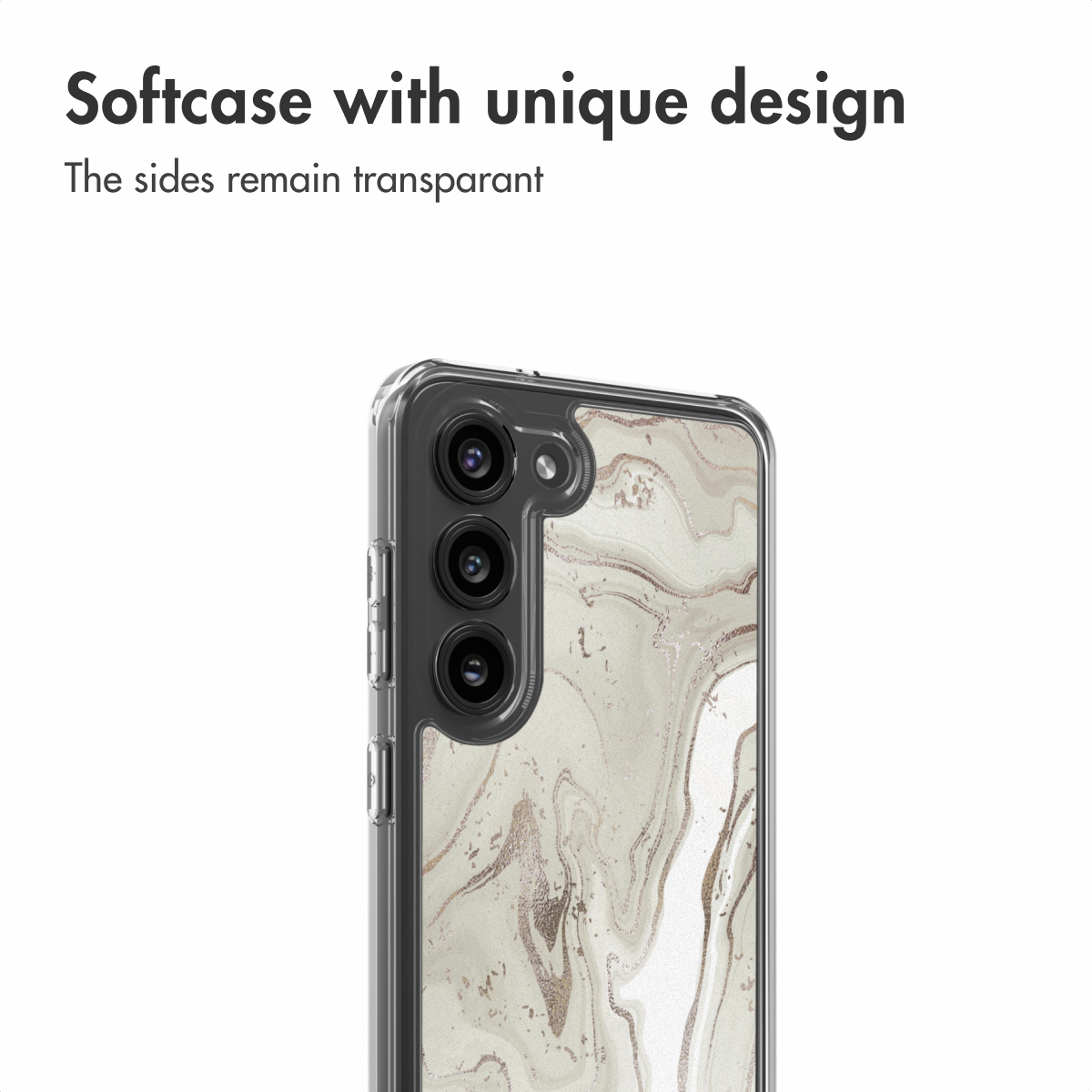 Funda protectora transparente con diseño de mármol blanco en la parte trasera.