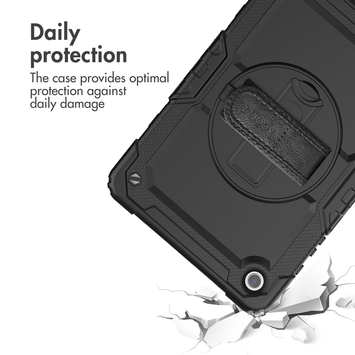 Black protective case with an integrated hand strap on a white background with a cracked floor.