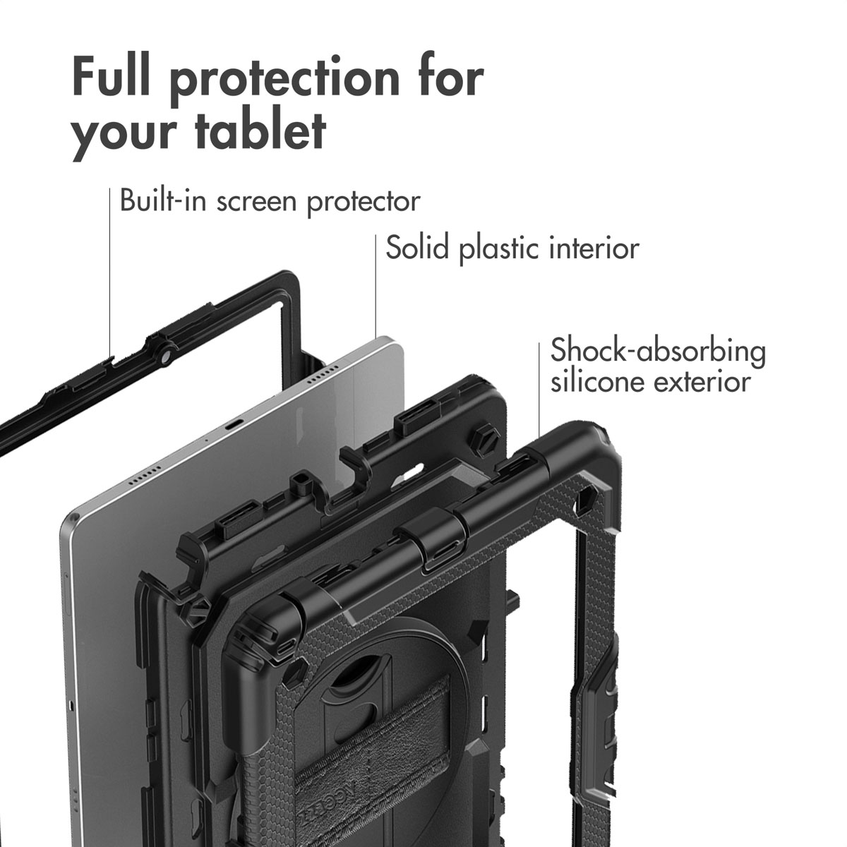 Exploded view of a protective tablet case with built-in screen protector, plastic interior, and shock-absorbing exterior.