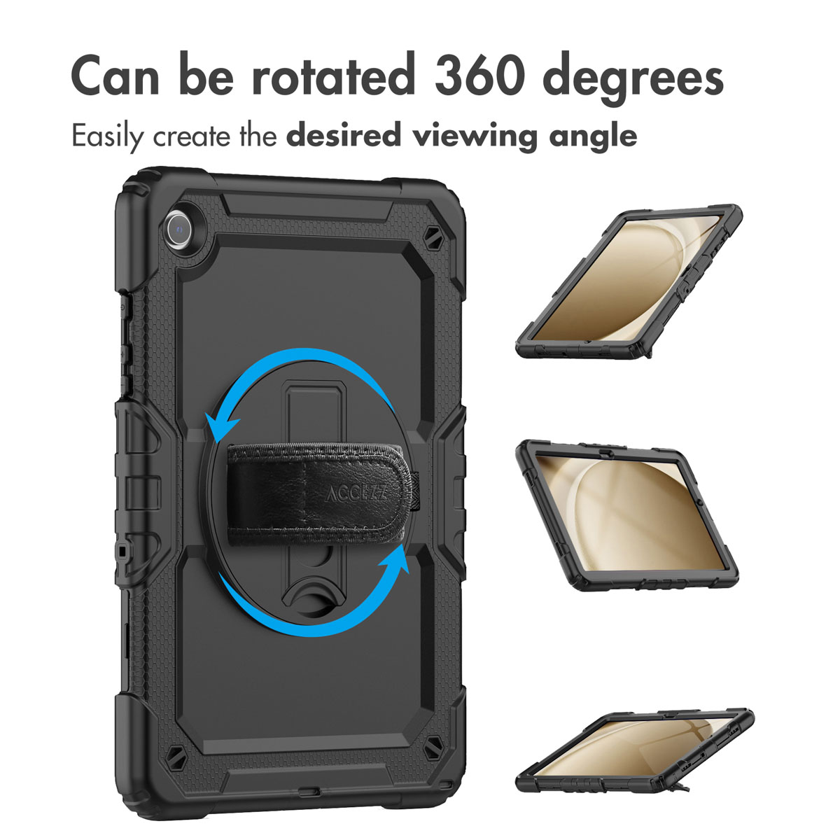 A black rugged tablet case showing 360-degree rotation with a strap and three angled view examples on the right.
