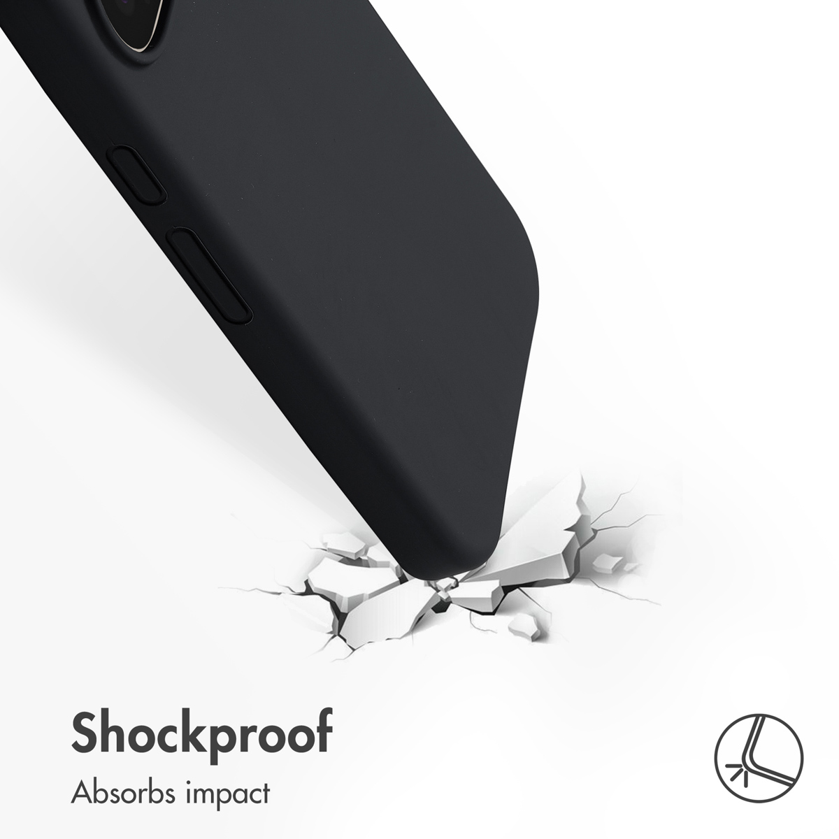 Una cover nera per smartphone impatta su una superficie bianca rotta. Testo: Shockproof.