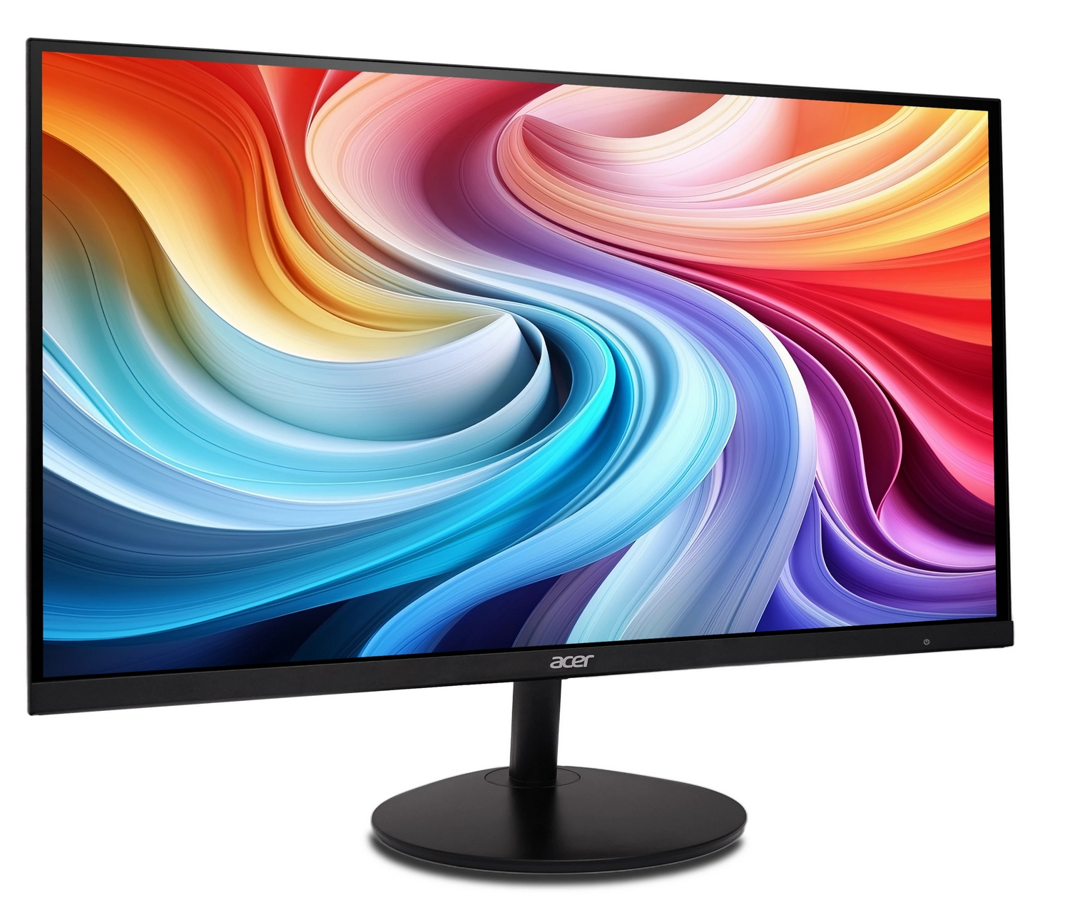 Monitor Acer con cornice sottile e motivi cromatici fluidi sullo schermo.