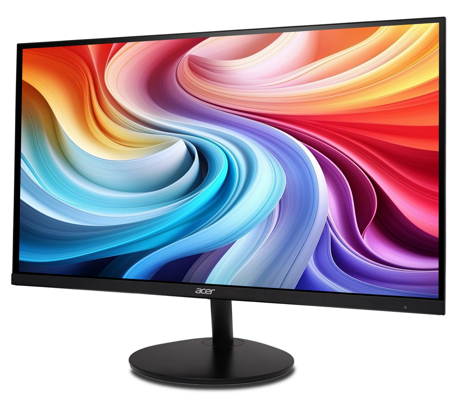 Un monitor per computer Acer che mostra un motivo ad onde astratto e colorato su sfondo bianco.