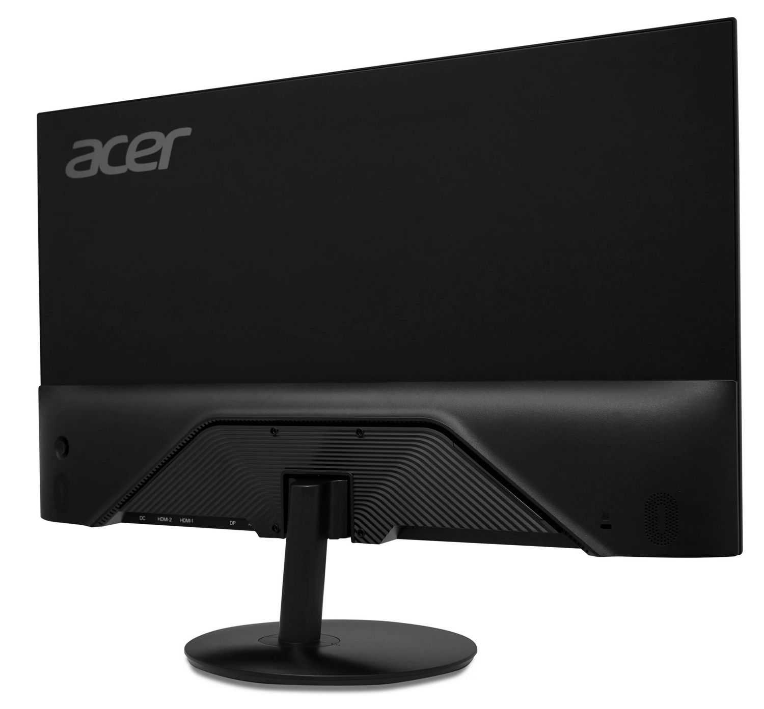 Il retro di un monitor Acer nero con supporto e porte visibili su sfondo bianco.