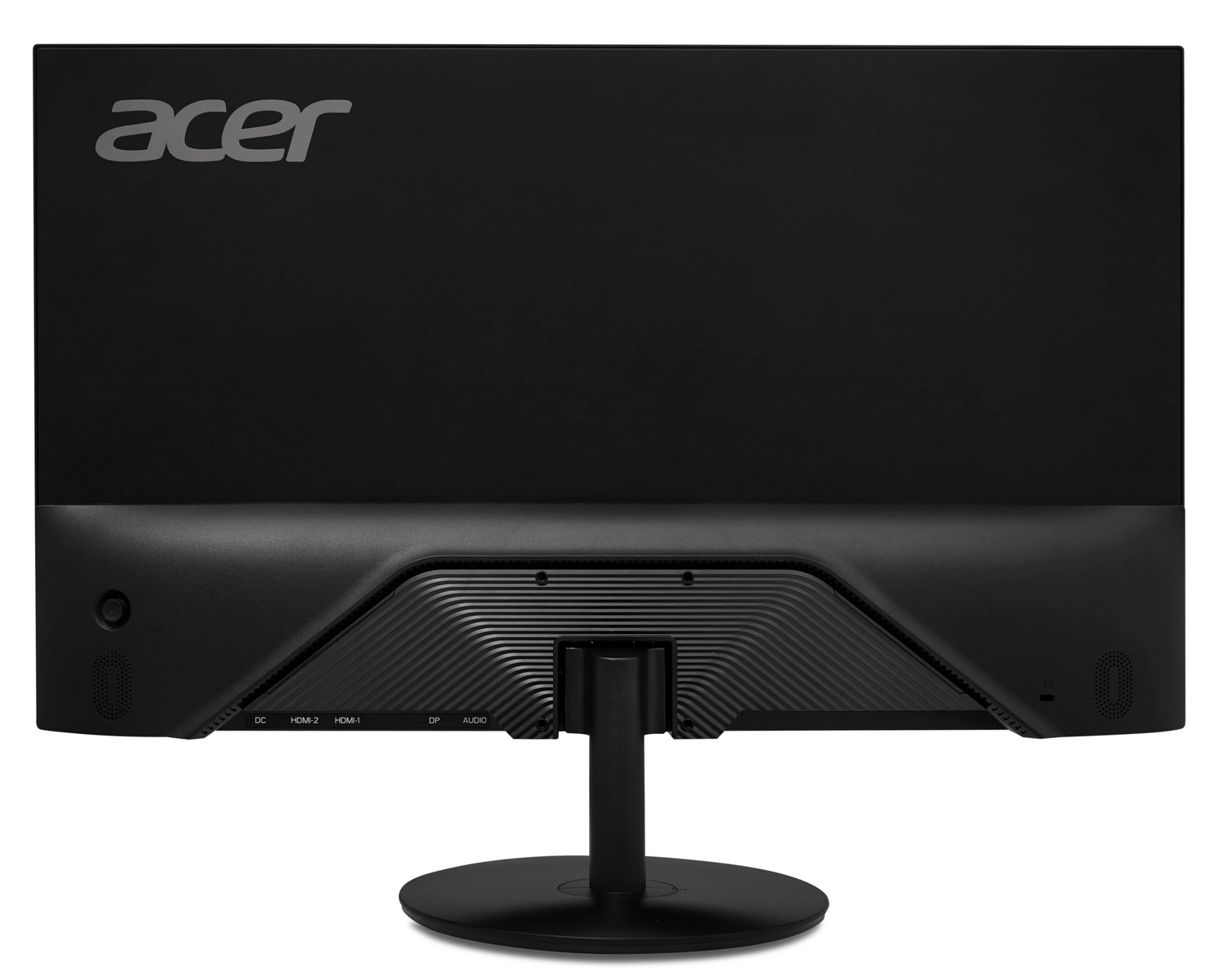 Retro di un monitor nero Acer con base rotonda e porte visibili.