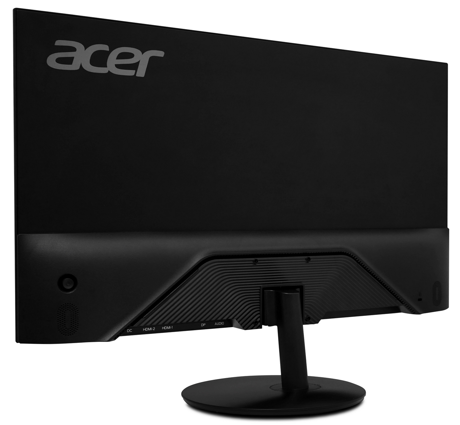 Vista posteriore di un monitor Acer nero con base rotonda e porte di connessione visibili.