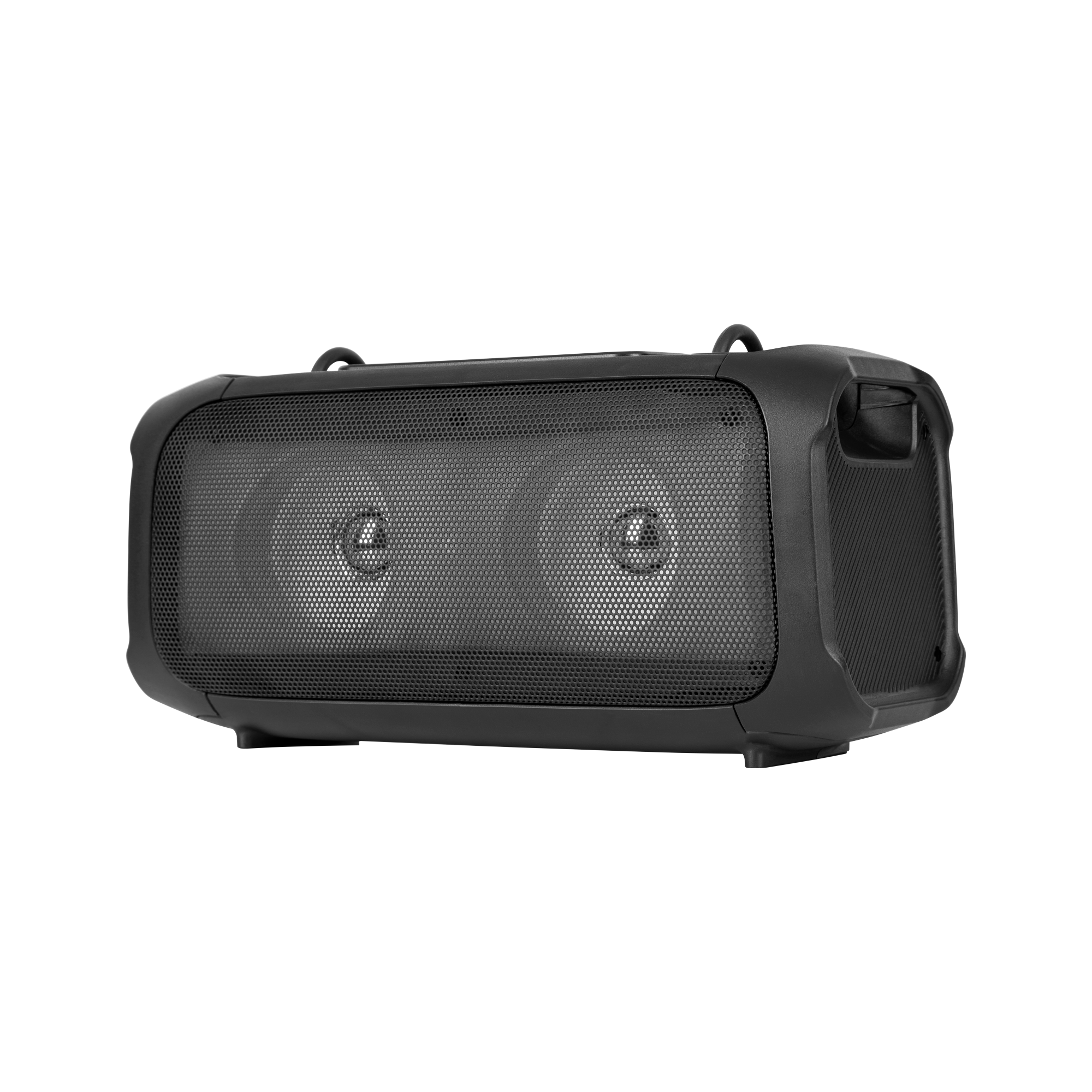 Czarny przenośny głośnik bluetooth z metalową kratką i dwoma widocznymi przetwornikami na czarnym tle.