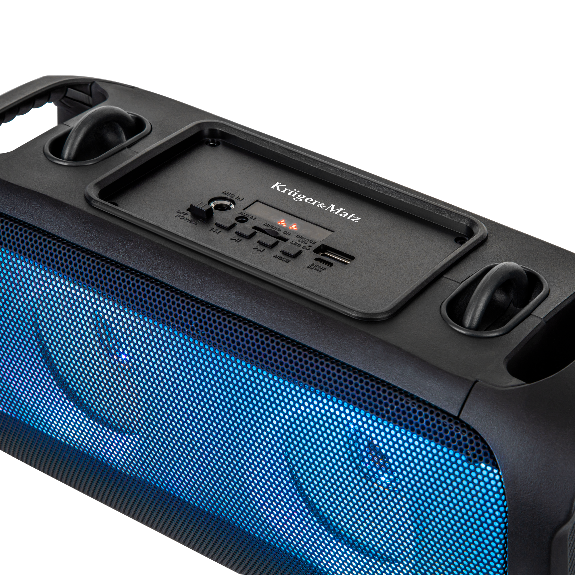 Czarny głośnik bluetooth Krüger&Matz z niebieskim oświetleniem LED i przyciskami sterującymi na górze.
